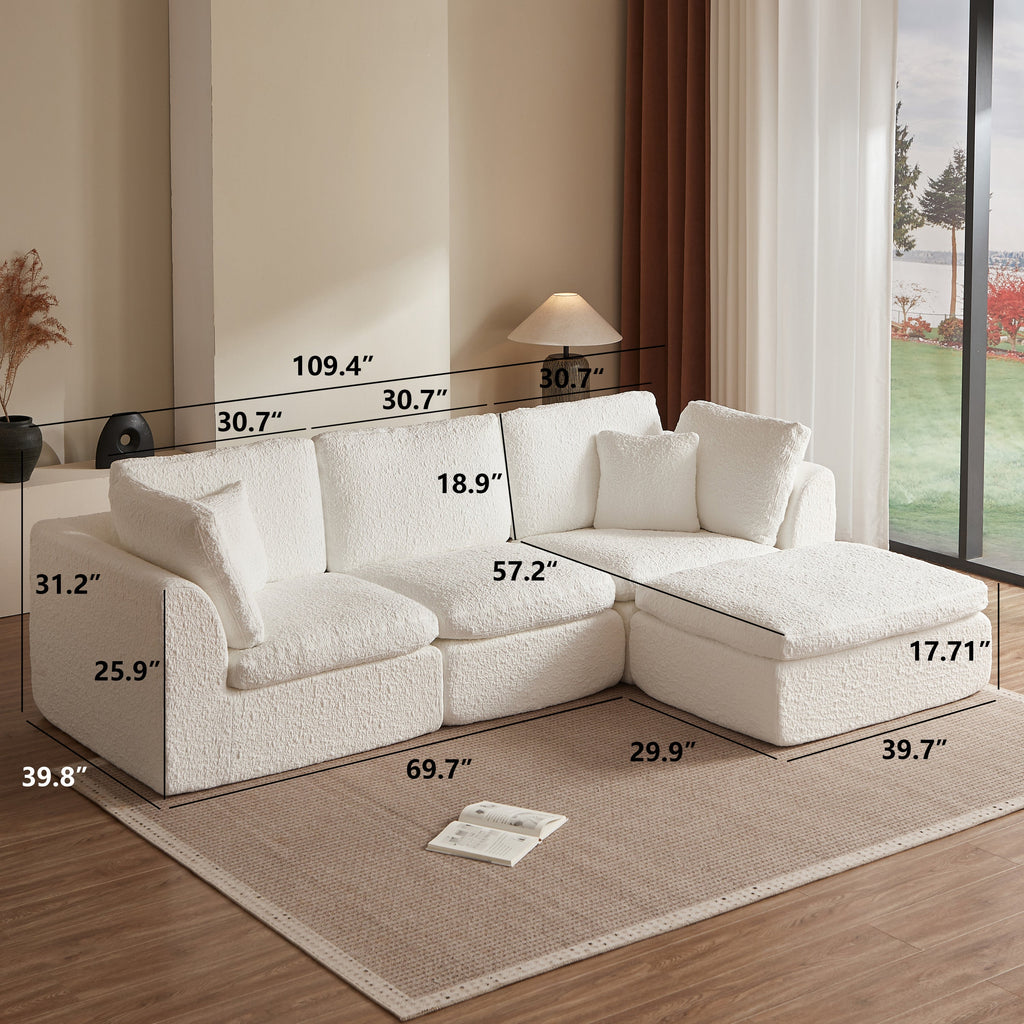 Cloud Style L-Shape Modular Sectional Sofa with Ottoman, 3 Seater Convertible Couch in Warm White, Chenille Fabric, 110' Width