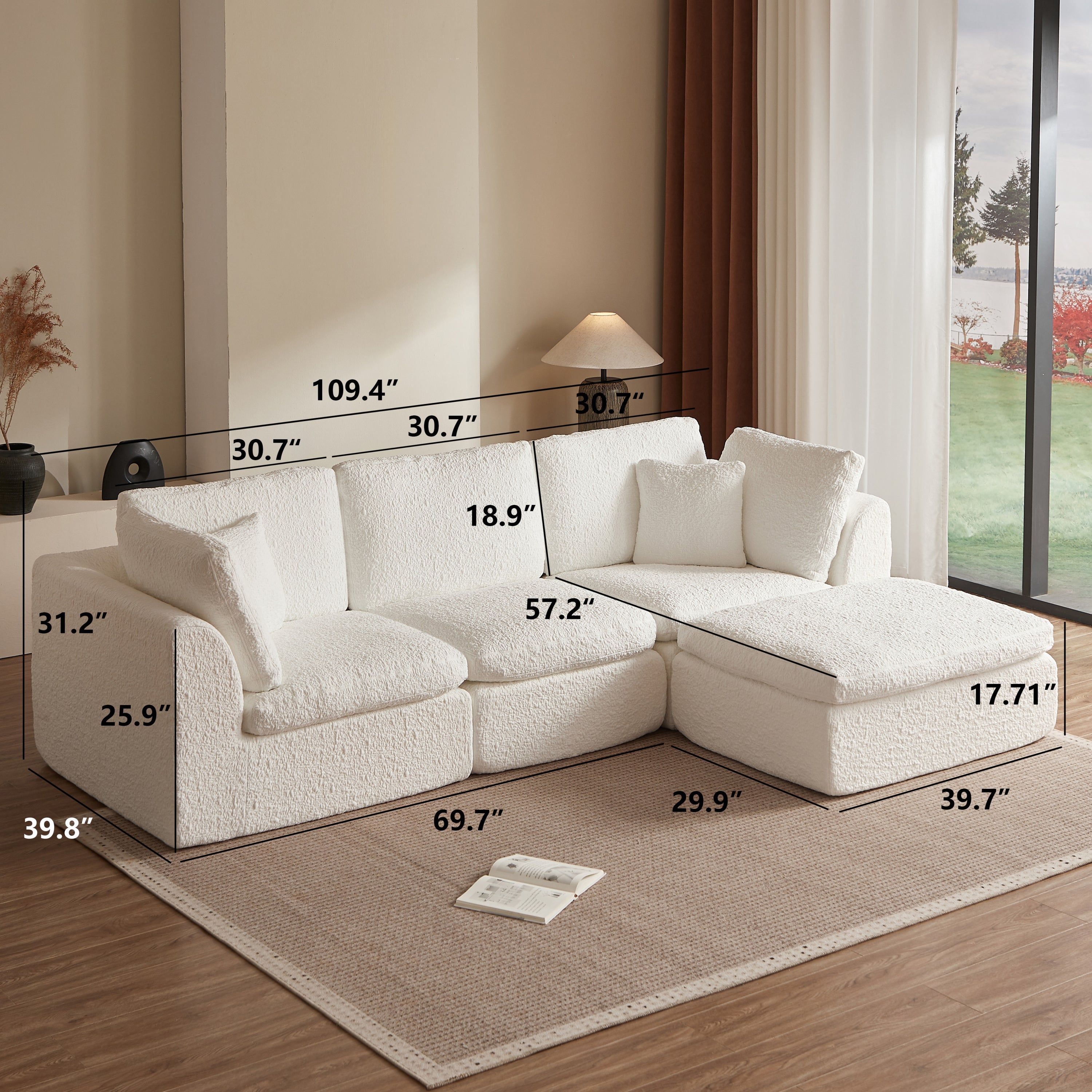 Cloud Style L-Shape Modular Sectional Sofa with Ottoman, 3 Seater Convertible Couch in Warm White, Chenille Fabric, 110' Width