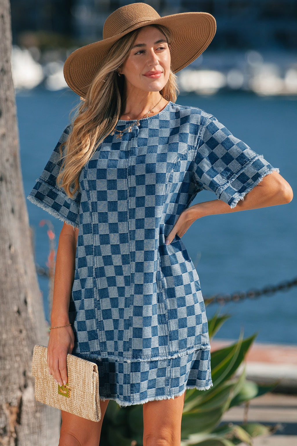 Checker Denim Frayed Hem Mini Dress