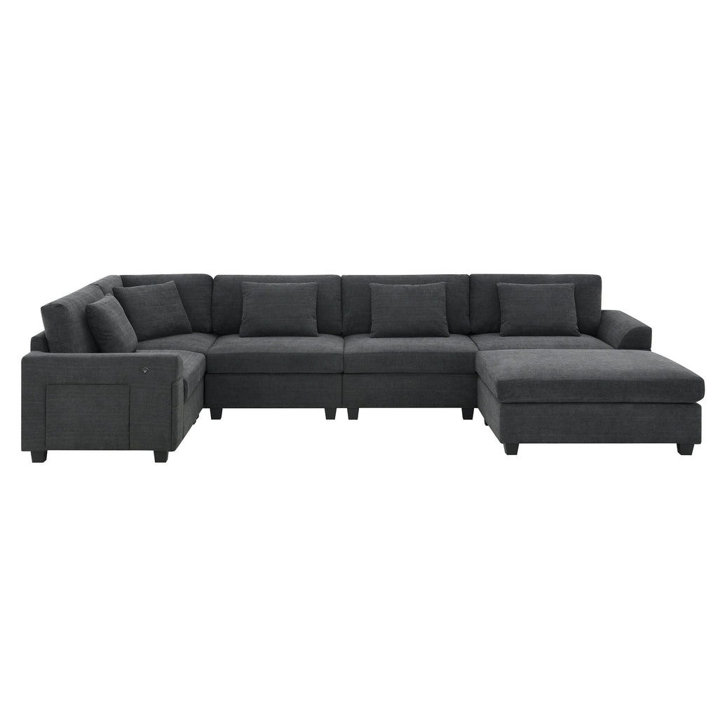 Chenille U Shaped Sectional Sofa with Ottoman and Storage, USB Ports, 2 Colors