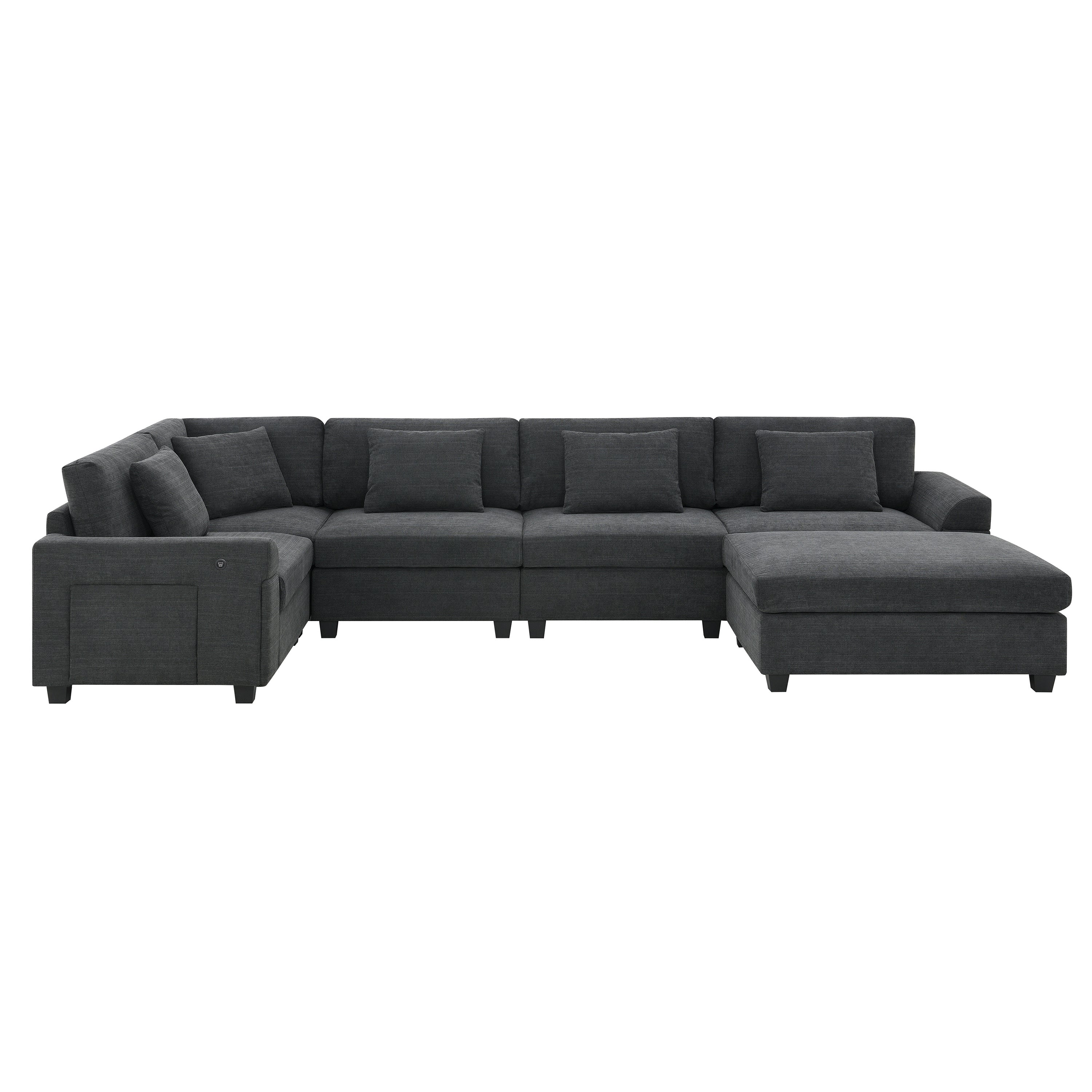 Chenille U Shaped Sectional Sofa with Ottoman and Storage, USB Ports, 2 Colors