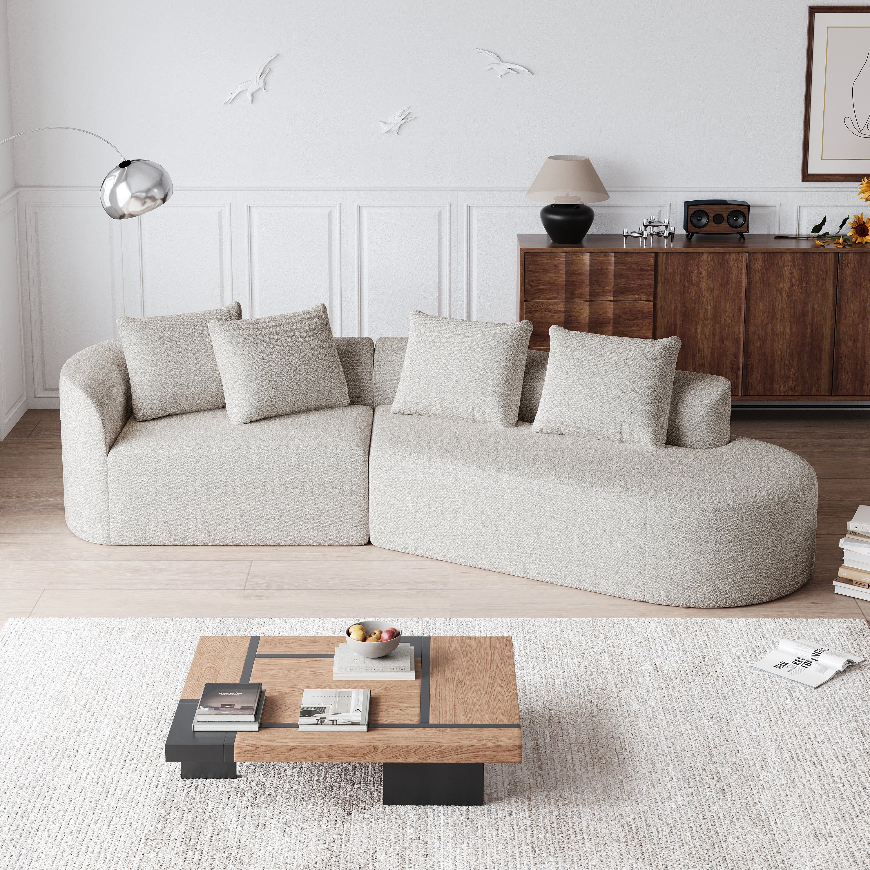 Modern Upholstered Oversized Sectional Sofa, 112-Inch Chenille 4-Seater Extra Deep & Wide Seat Curved Cloud Couch with 4 Throw Pillows, Free Combination Sofa Couch for Living Room,Bedroom