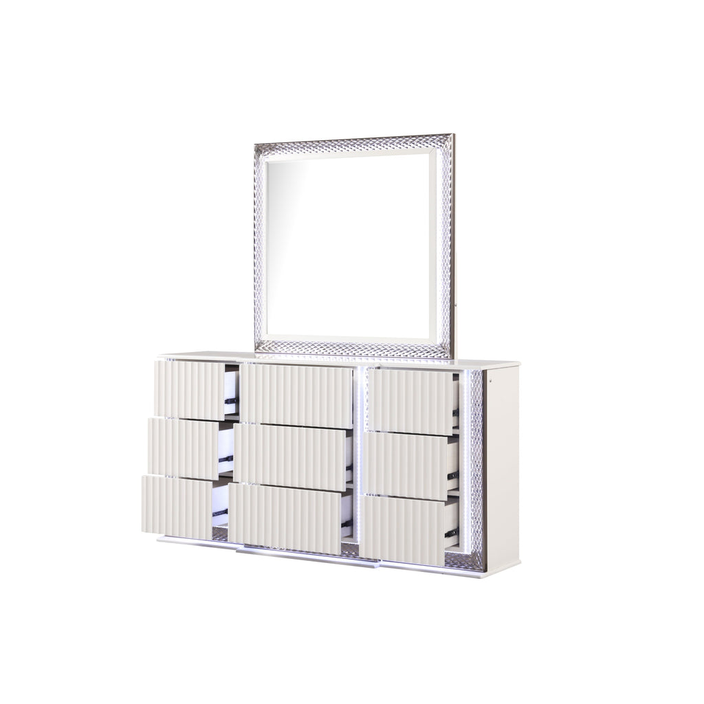Fabio Contemporary Style King 5PC Bedroom set Made with Diamond-Shaped Side Accents, LED Lighting and Wood in White Finish(NJ INVENTORY)