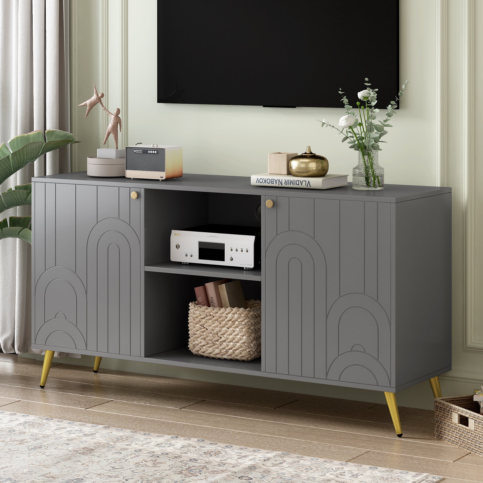 U-Can Modern TV Stand for TVs up to 55 Inches, Entertainment Center Media Console,Adjustable Shelf, Metal Legs, Handles and Anti-tip Device for Living room