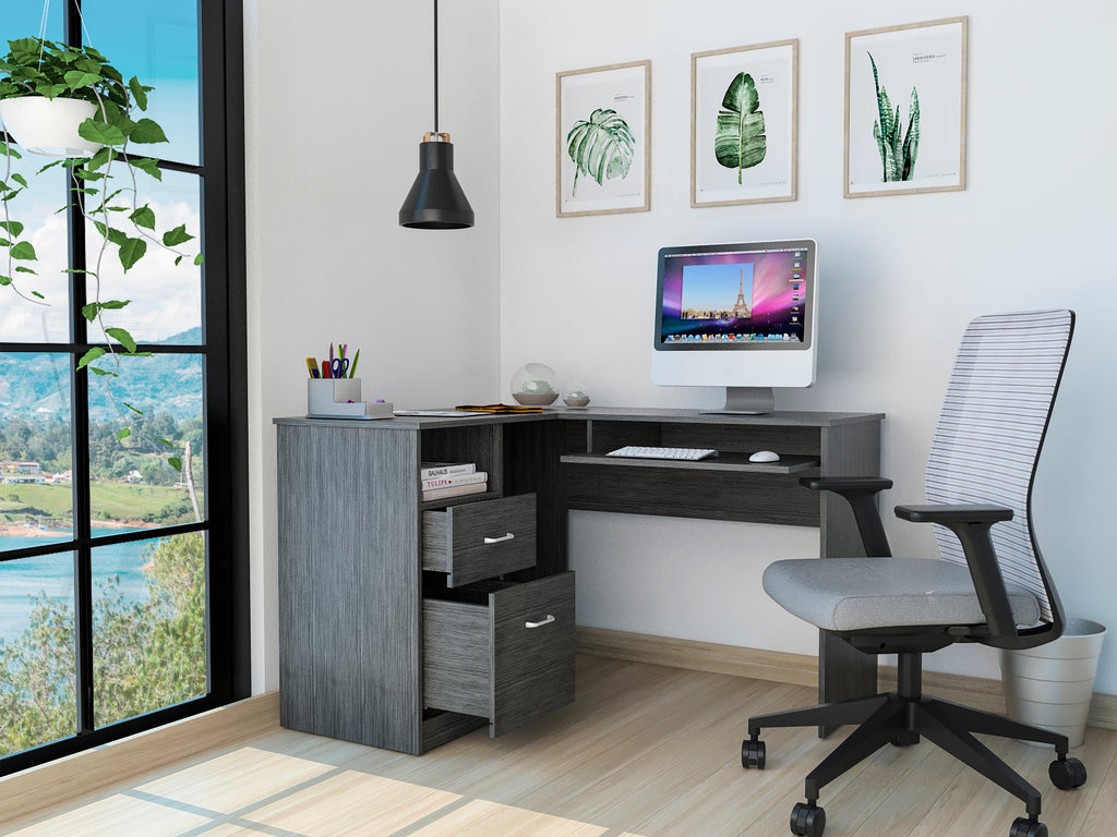 Raleigh L-Shaped Desk, Two Drawers, One Shelf, CPU Storage