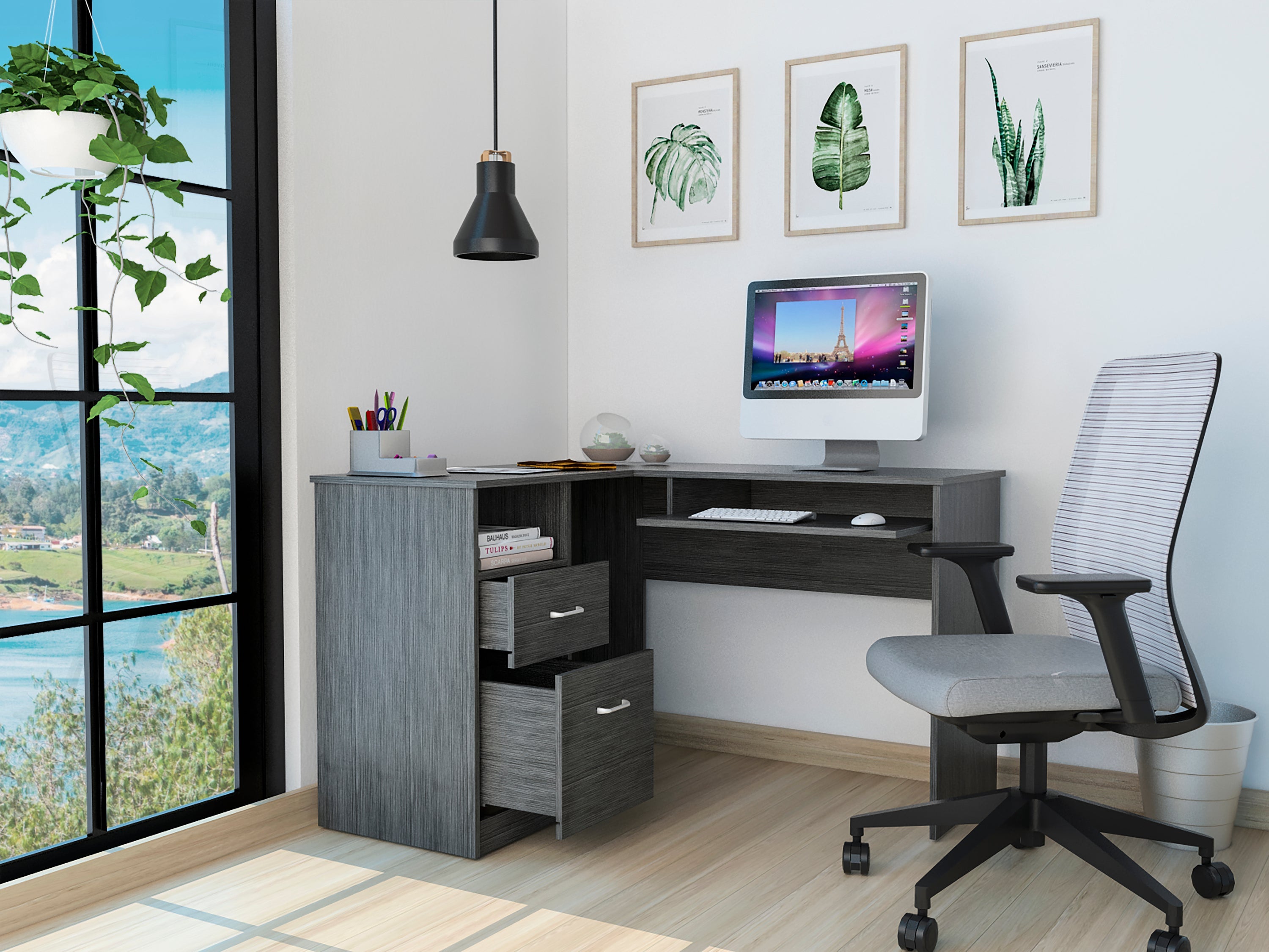 Raleigh L-Shaped Desk, Two Drawers, One Shelf, CPU Storage
