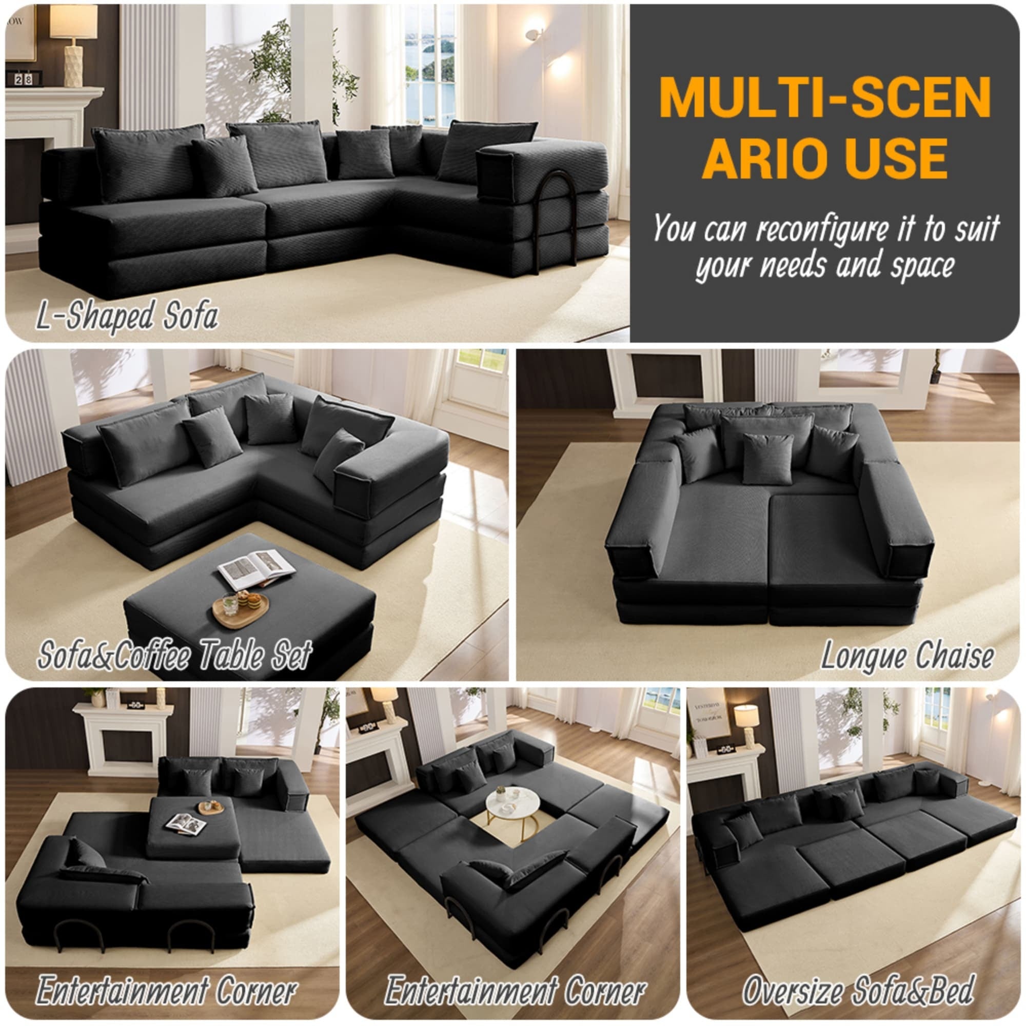 Oversized Upholstered Sectional Sofa Couch Set, Modular 118.2 ' L Shaped Floor Living Room Sofa Set With 6 Pillows, DIY Combination Sofa Couch for living rooms, apartments,bedrooms, Black
