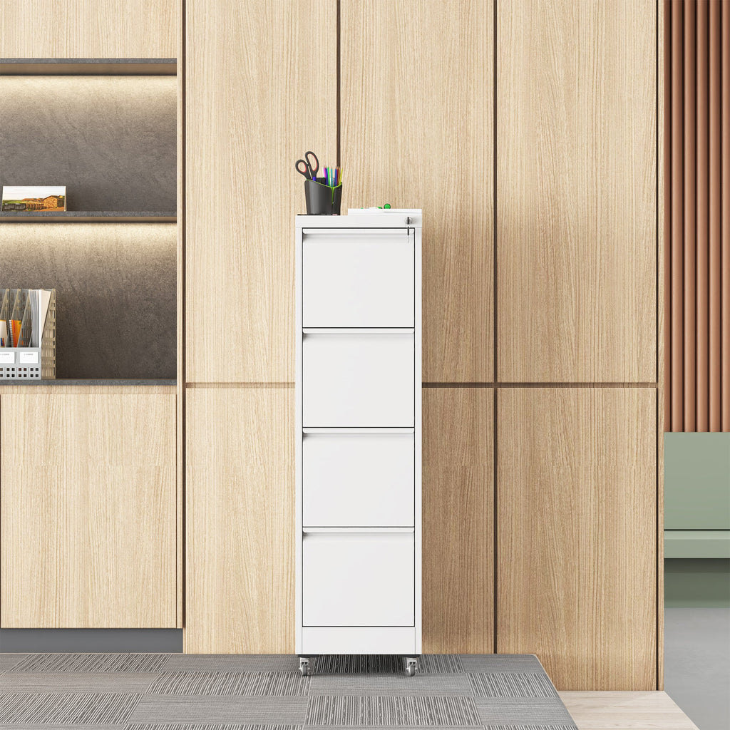 4 Drawer Metal Locking Vertical File Cabinet with Wheels - Heavy-Duty Lockable Storage for Home & Office, Black and White, 17.71'D x 15.16'W x 52.28'H