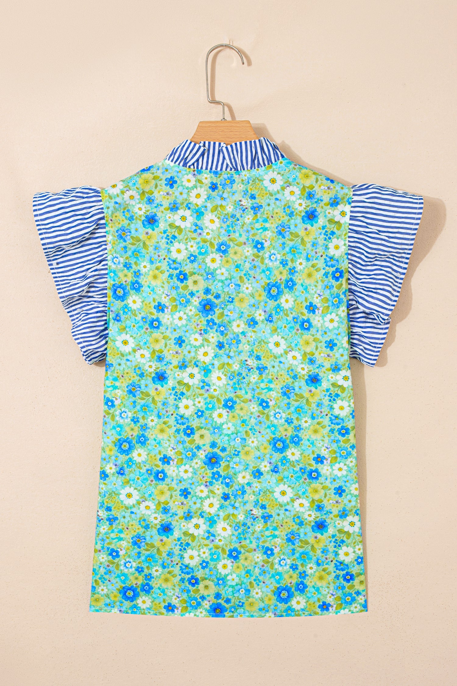 Floral Stripe Patchwork Flutter Sleeve V-Neck Blouse