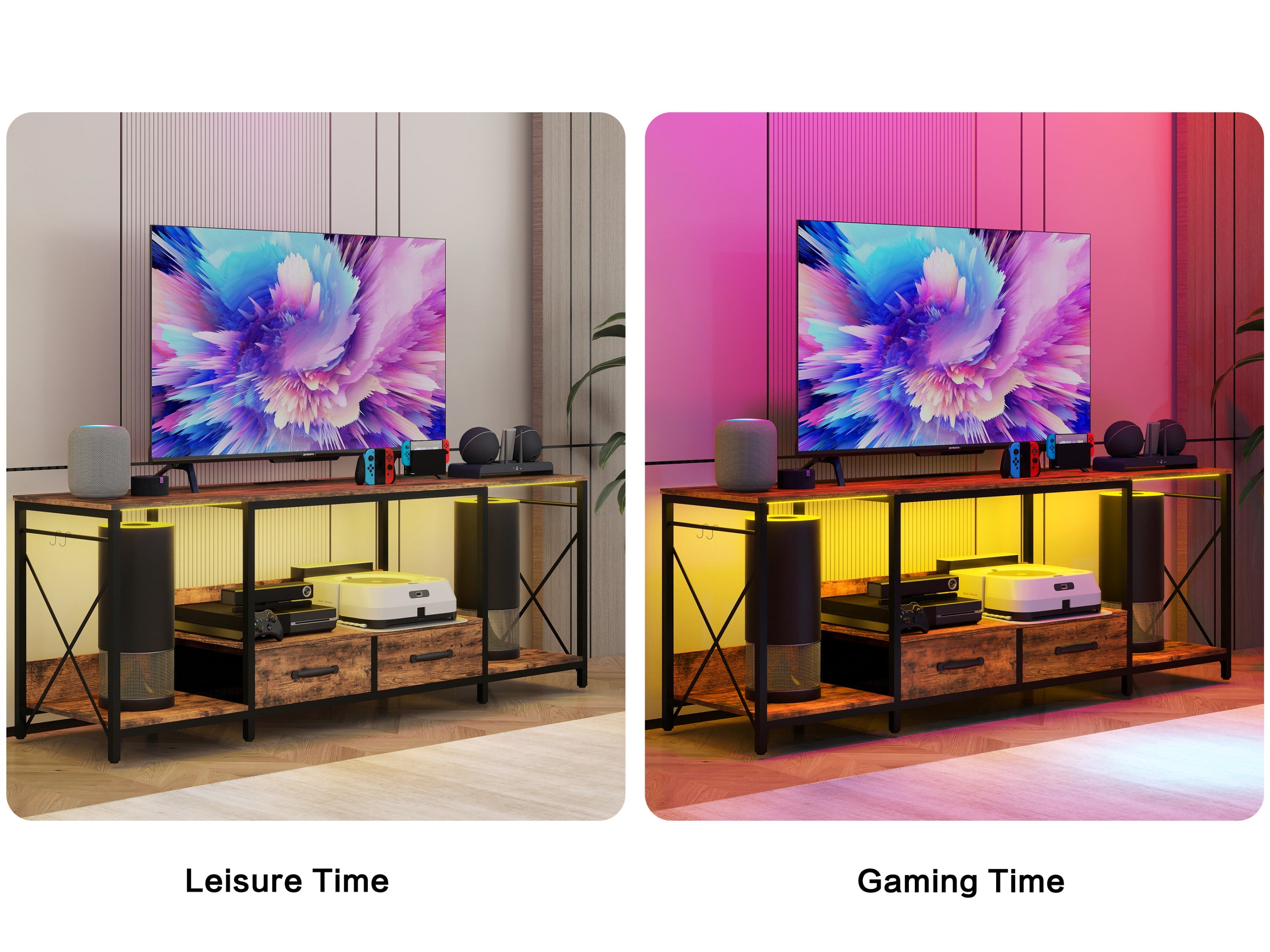 There are installation videos + scene videos .TV Stand with LED Lights Power Outlets  -  TV Stand with Fabric Drawers for 65 70 75 Inches TV -Can also be used in multiple scenes, living room, bedroom,
