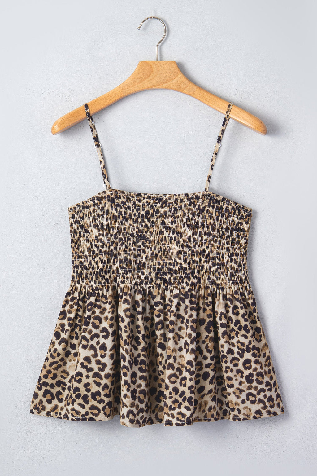 Leopard Shirred Ruffle Spaghetti Strap Tank Top