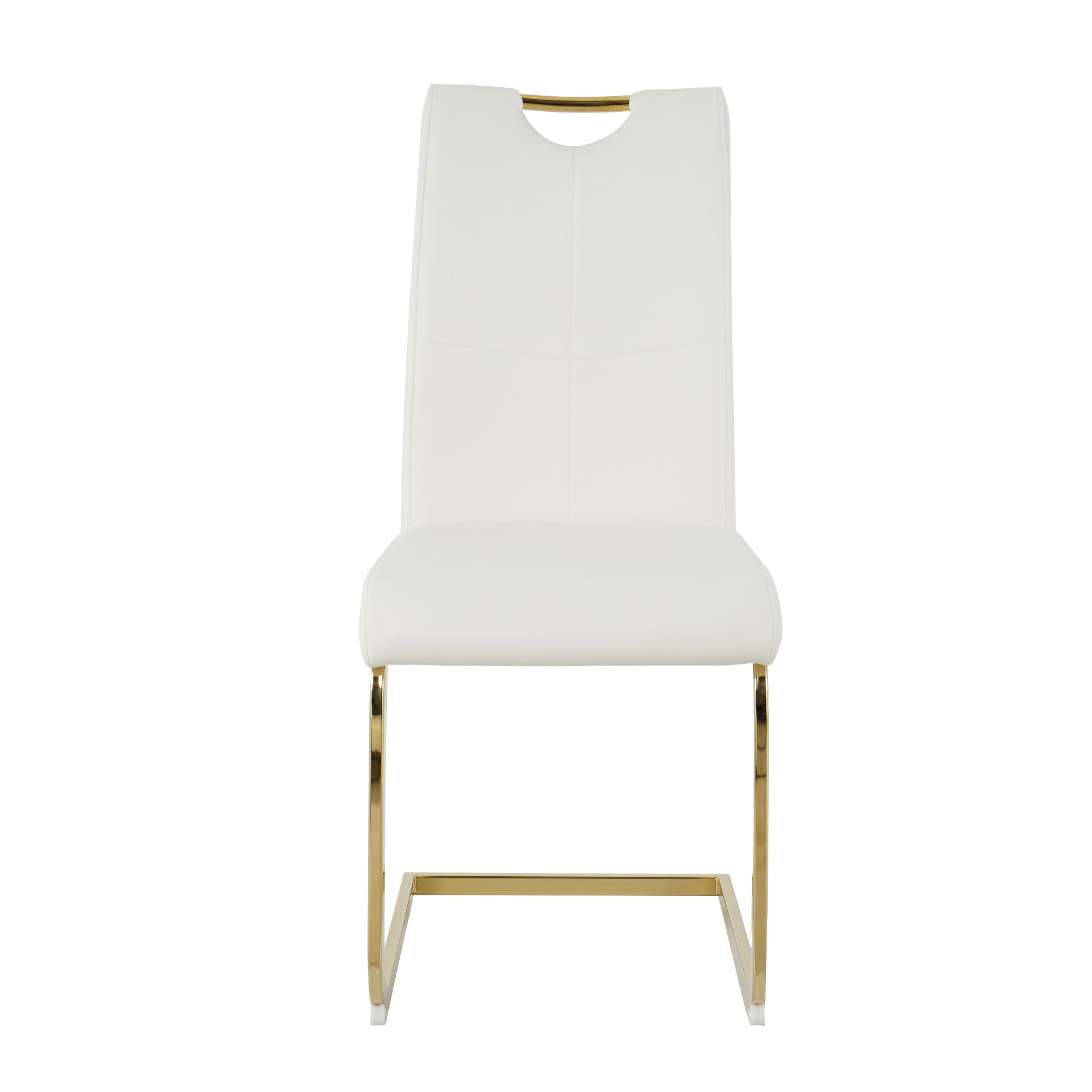 Modern style glass dining table, elegant transparent design, sturdy stainless steel base, White dining chair set, with gold-plated chair legs, suitable for dining room and kitchen (set of 7)