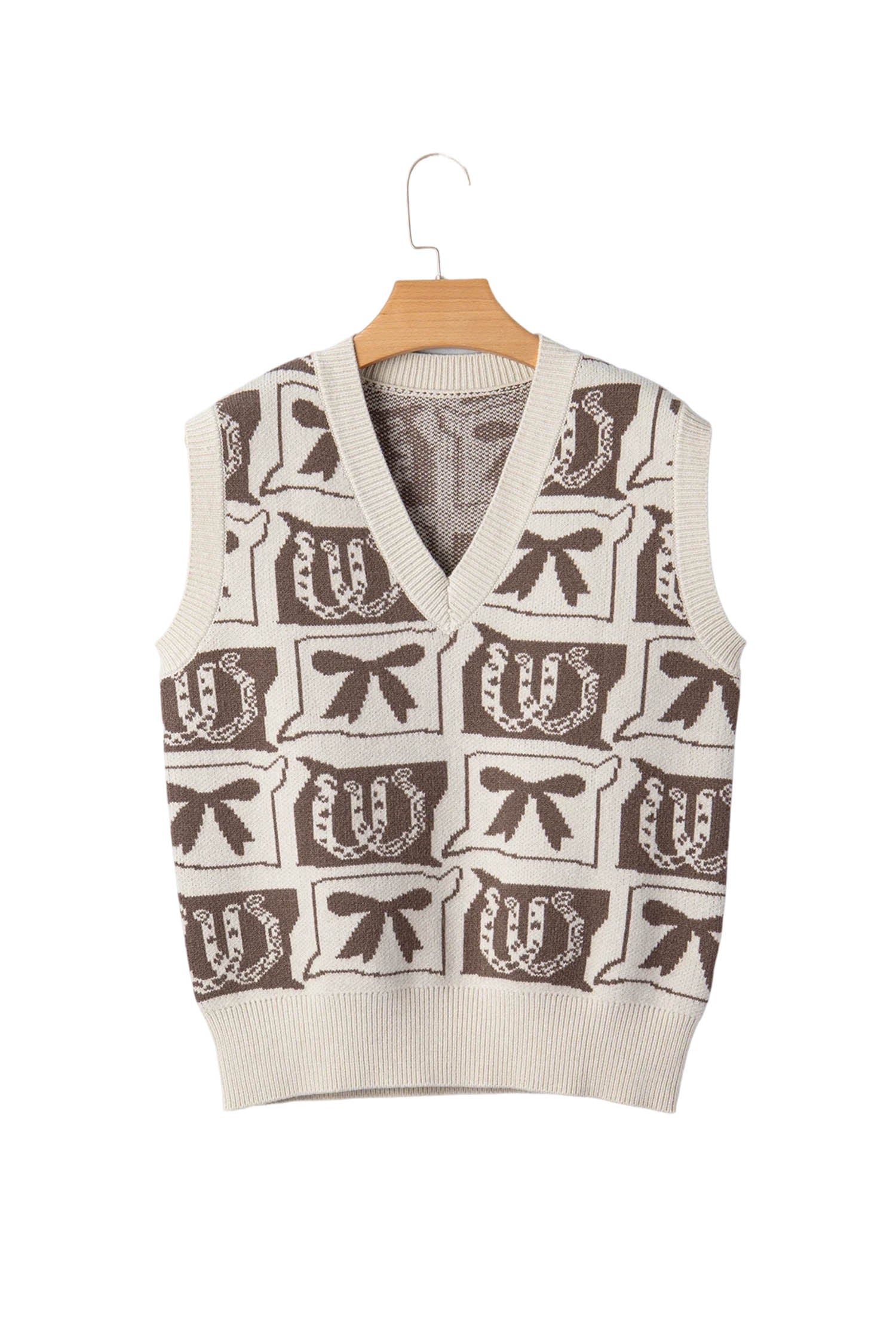 Western Horseshoes & Bows Sleeveless V-Neck Sweater Top