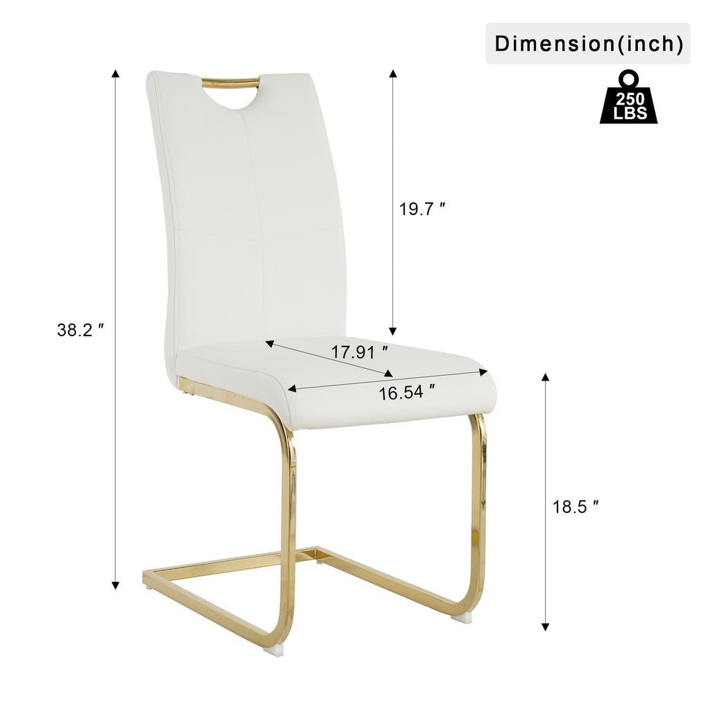 Modern style glass dining table, elegant transparent design, sturdy stainless steel base, White dining chair set, with gold-plated chair legs, suitable for dining room and kitchen (set of 7)