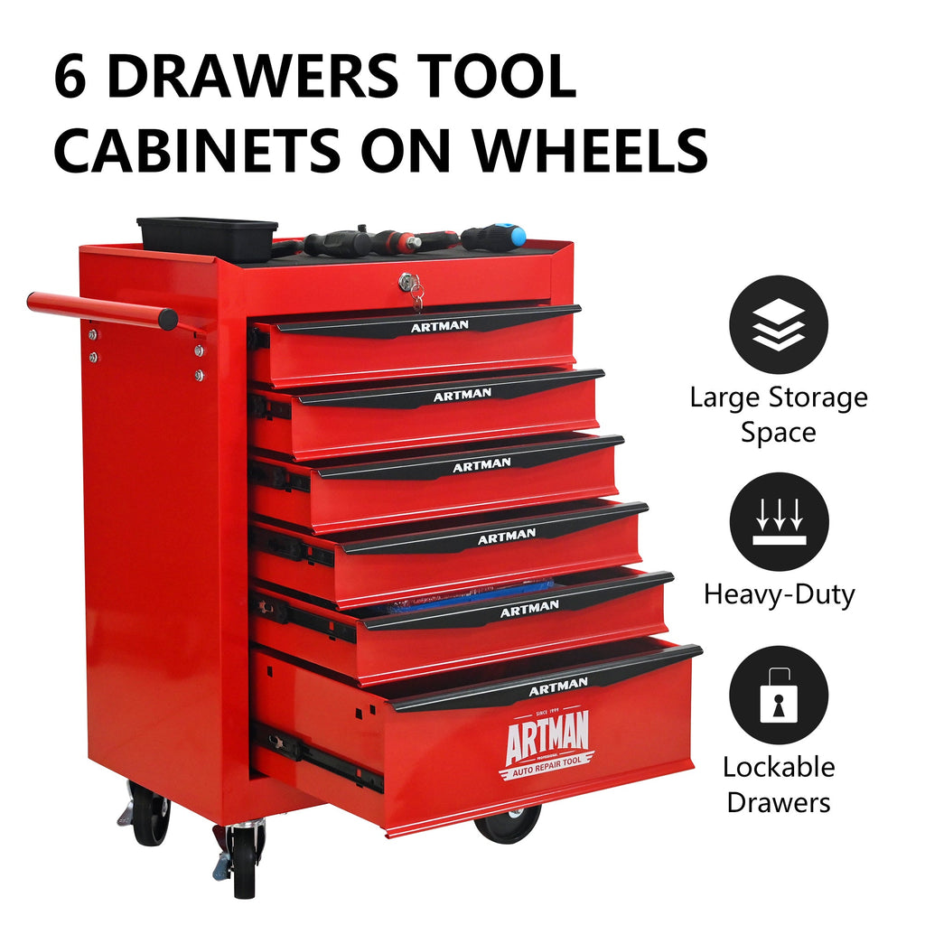 Rolling Metal Tool Chest with 6 Drawers, 20' Steel Storage Cabinet with Ball Bearing Slides, Red and Black Finish