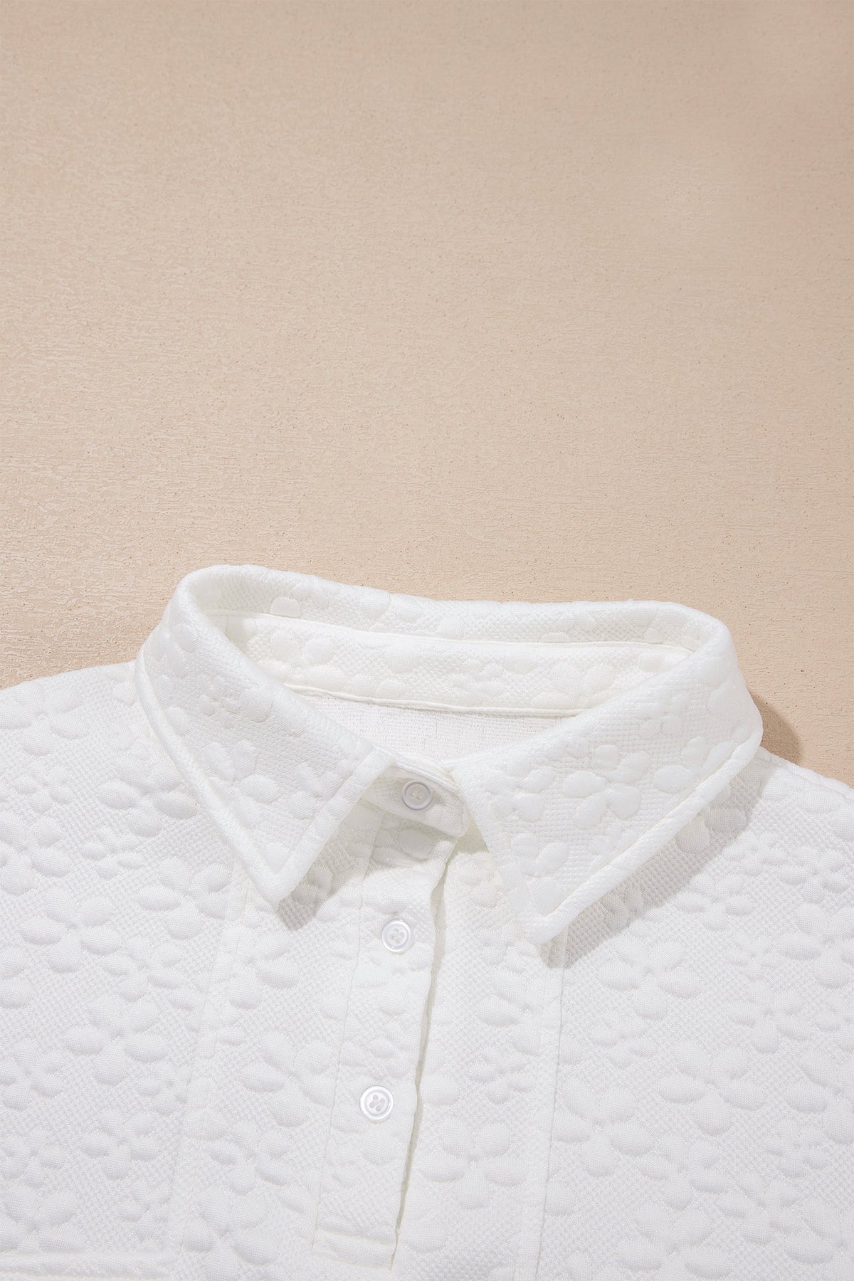 Solid Floral Textured Buttoned Collar Sweatshirt