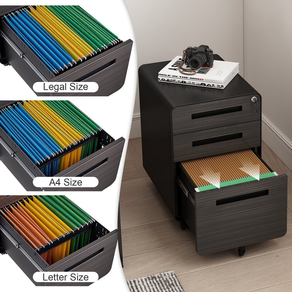 3 Drawer Mobile File Cabinet Under Desk Office,Simple Style Versatile Storage Cabinet for Legal/Letter/A4 Files, 5 Wheel Design Anti-Tilting Cold Rolled Steel Waterproof Moisture-Proof Black