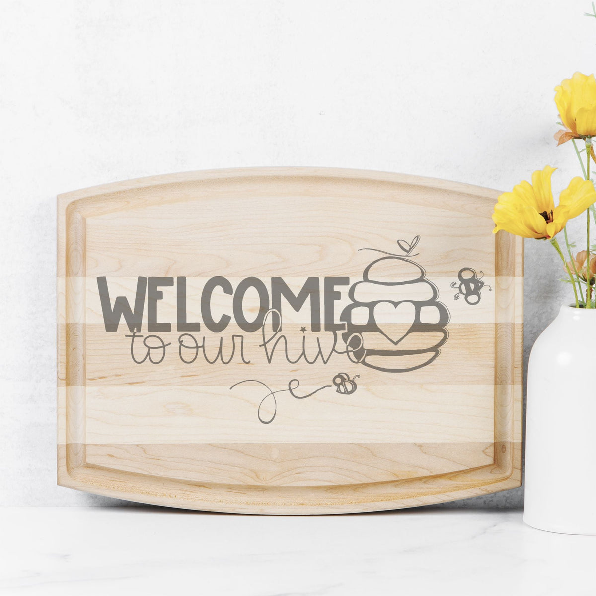 Welcome to Our Hive Arched Wood Cutting Board with Groove - 12" x 9"