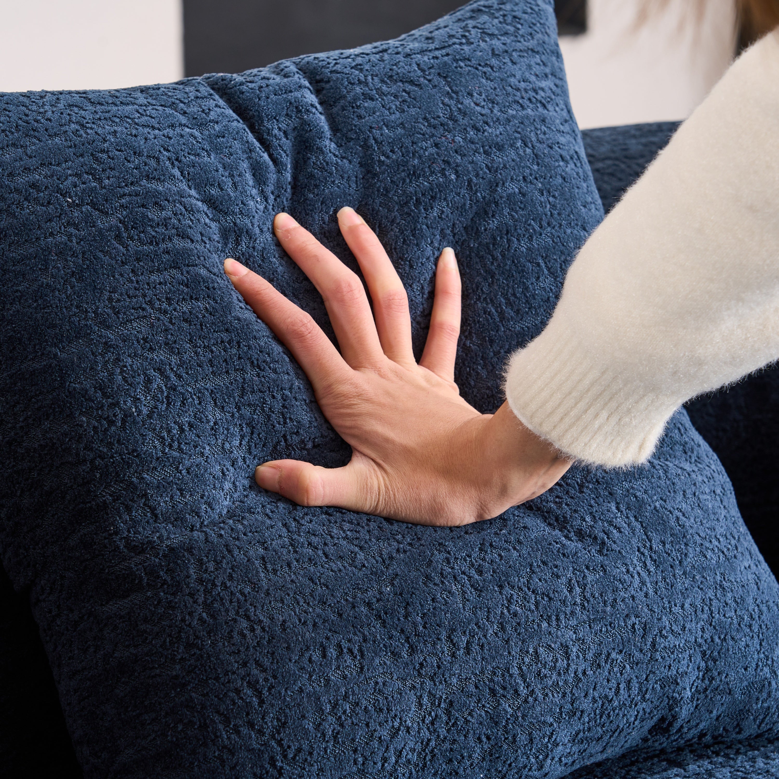LY-025S Curved Loveseat Blue Full Compression Sponge Sofa, 30D Chenille No-Assembly Compact Sofa for Small Spaces & Apartments, 65'L, 300 lbs, 3 Pillows