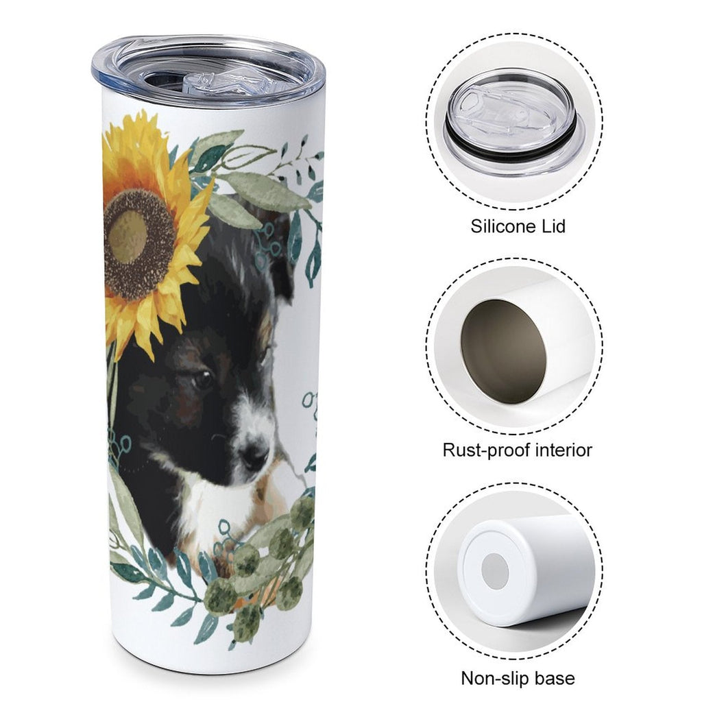 Cute Black Puppy with Sunflower 20oz Large Capacity Tumbler with Lid