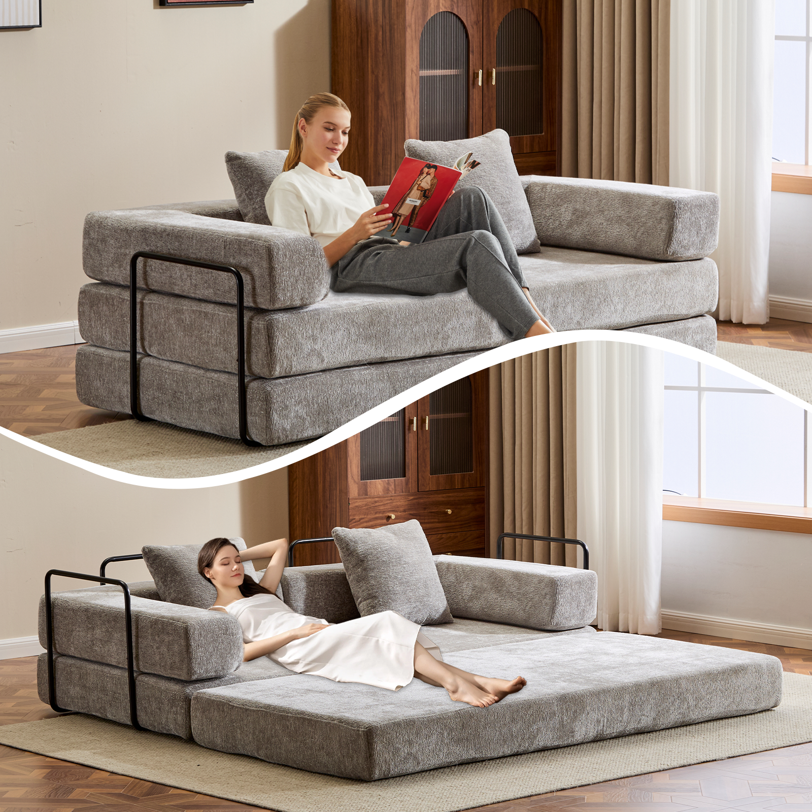Floor Couch,Compression Sofa,Convertible Floor Sofa Bed-with Pillow Back Support Armrest,Comfy Futon Couch Lounge Sleeper Bed,Chenille fabric,for Living Room Bedroom (LIGHT-GREY)