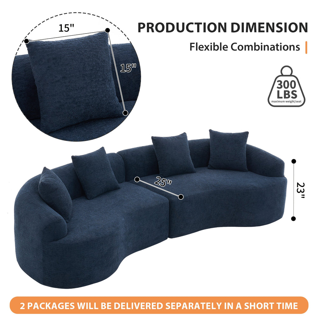 Compression Sponge Sofa Blue Curved Modular Sectional, 30D High-Density Chenille Sleeper Couch for Apartment, Living Room,110'L