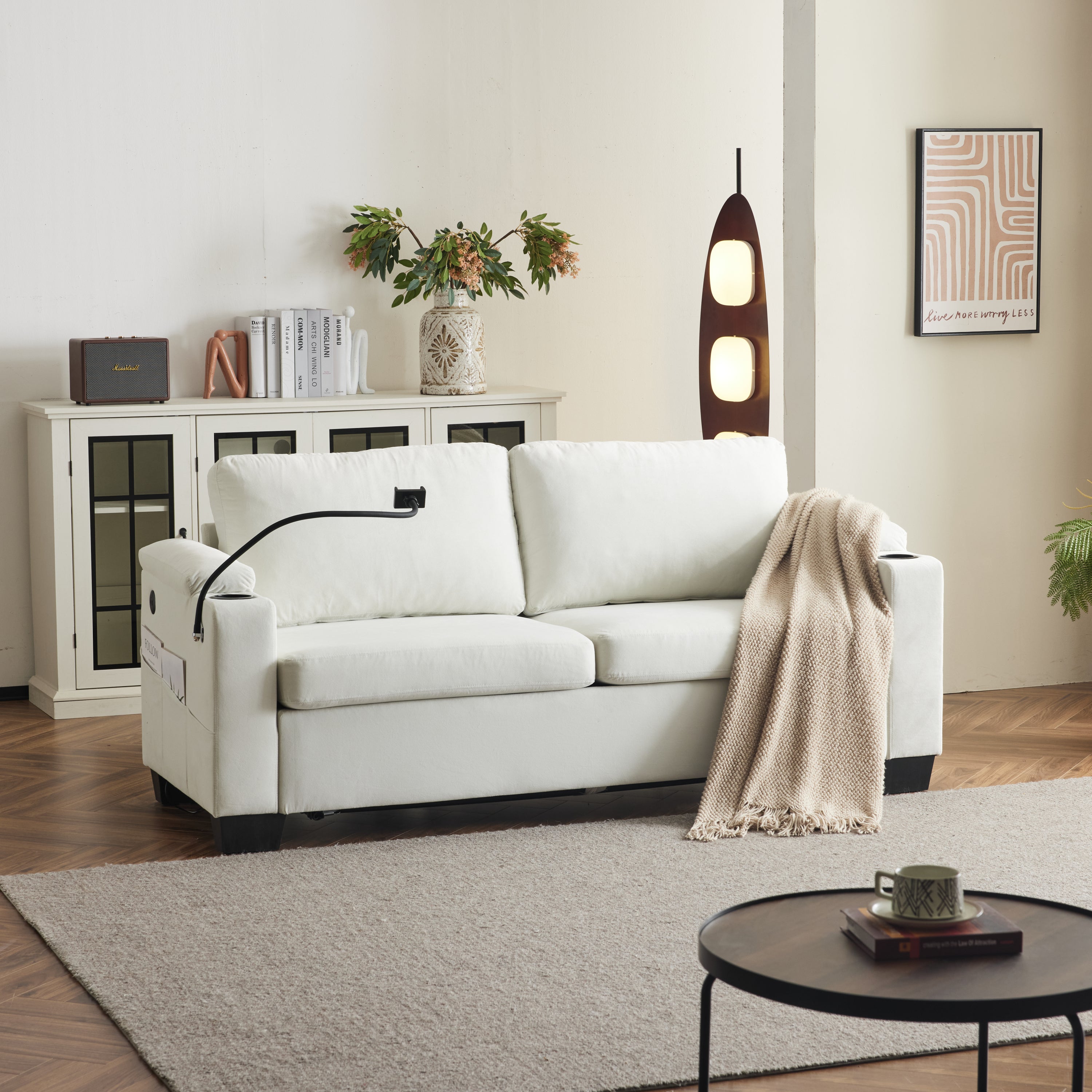 Pull-out sofa bed, chenille material, pull-out queen sofa bed, with USB charging, mobile phone holder, memory sofa, removable and washable cushions, suitable for living room, bedroom, apartment, white