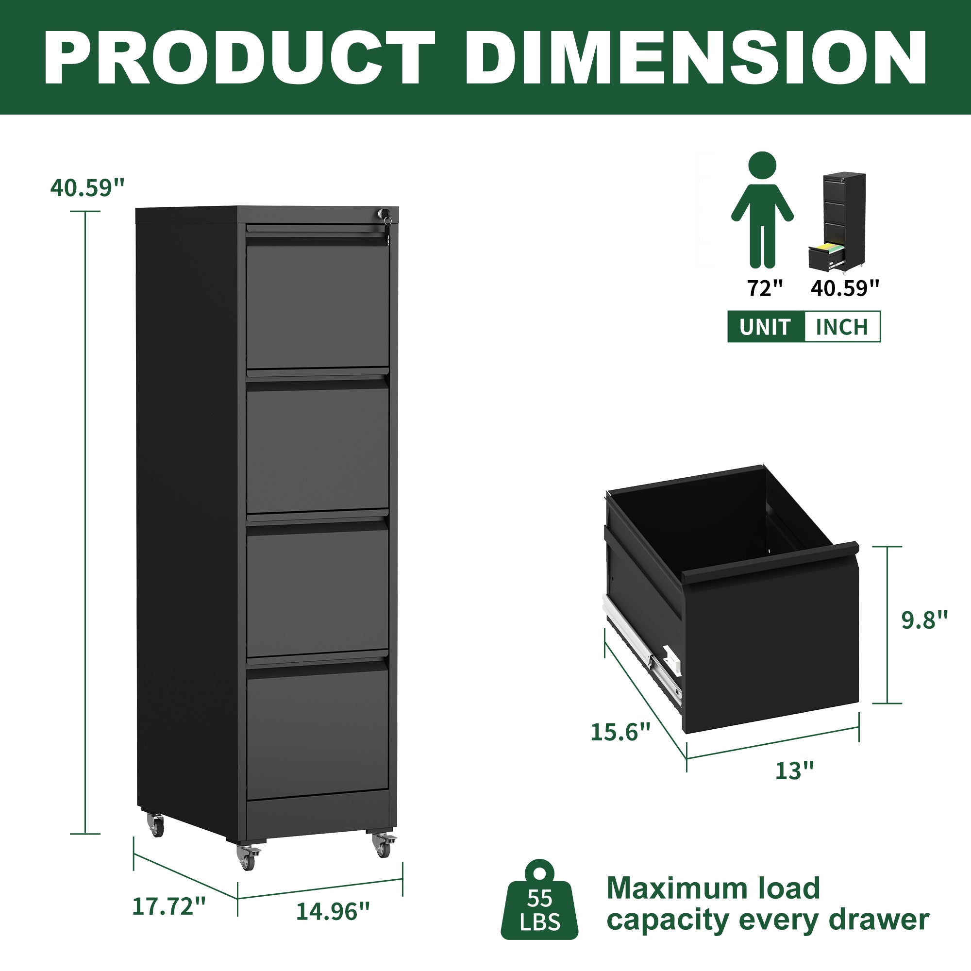 Black Heavy-Duty Metal 4 Drawer Locking Vertical File Cabinet with Wheels for Home & Office, 17.71'D x 15.16'W x 52.28'H
