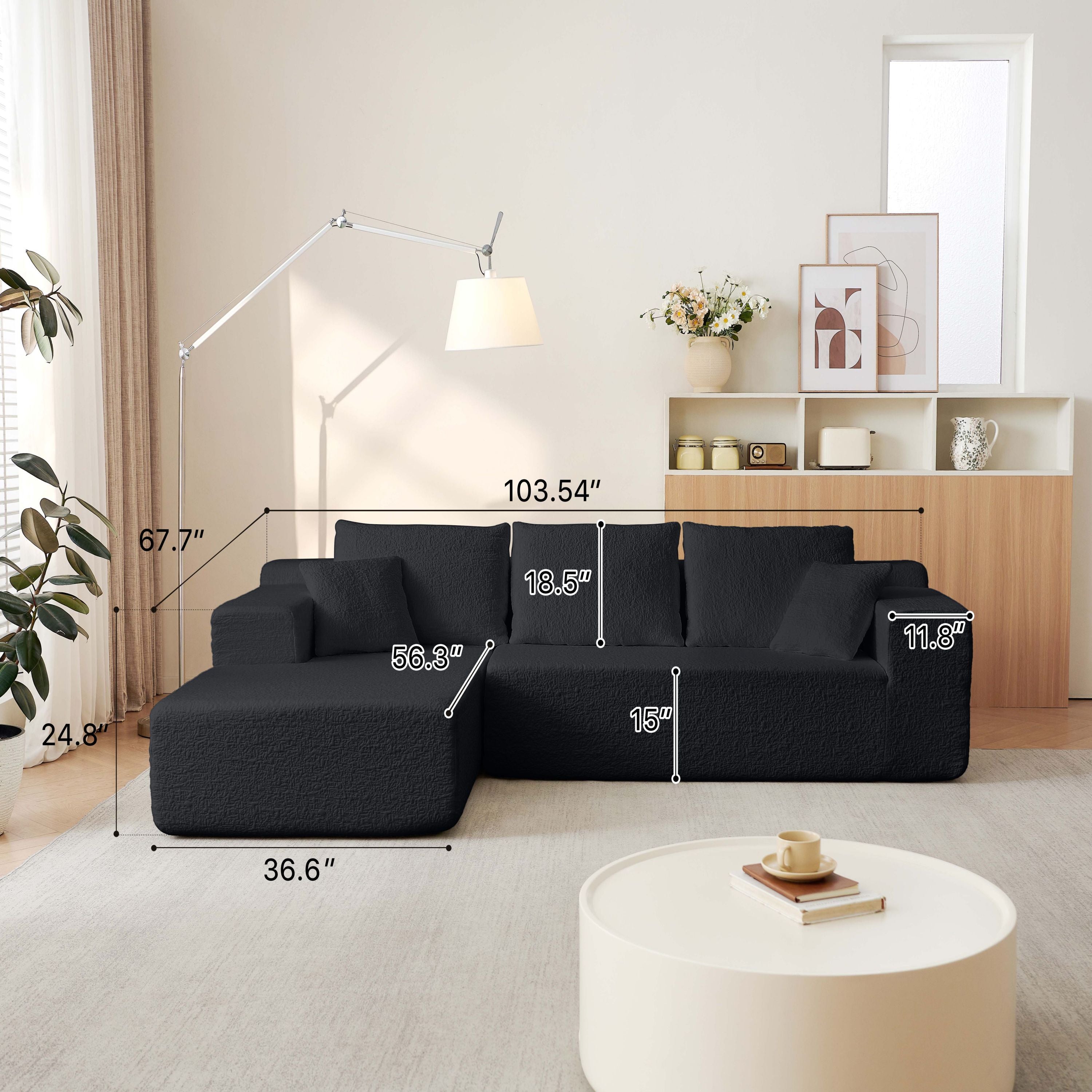 Modern Modular 104' Cloud Sectional Couch with L-Shape Chaise, Deep Seat, Black Chenille, No Assembly Required