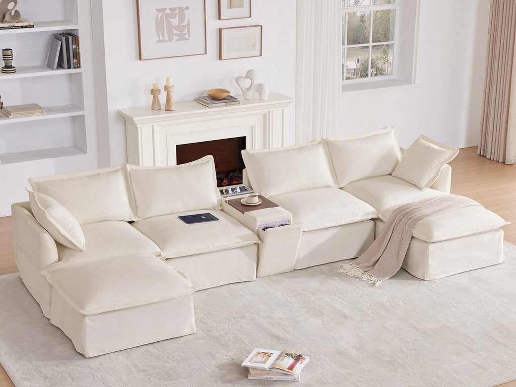 [VIDEO+NEW]131'' Modular Sectional Sofa with Movable Ottoman and Console,Cup Holder,Wide Seat,6 Seat U Shaped Couch,Oversized Chenille Sofa with USB Charger for Living Room,Apartment,2 Colors