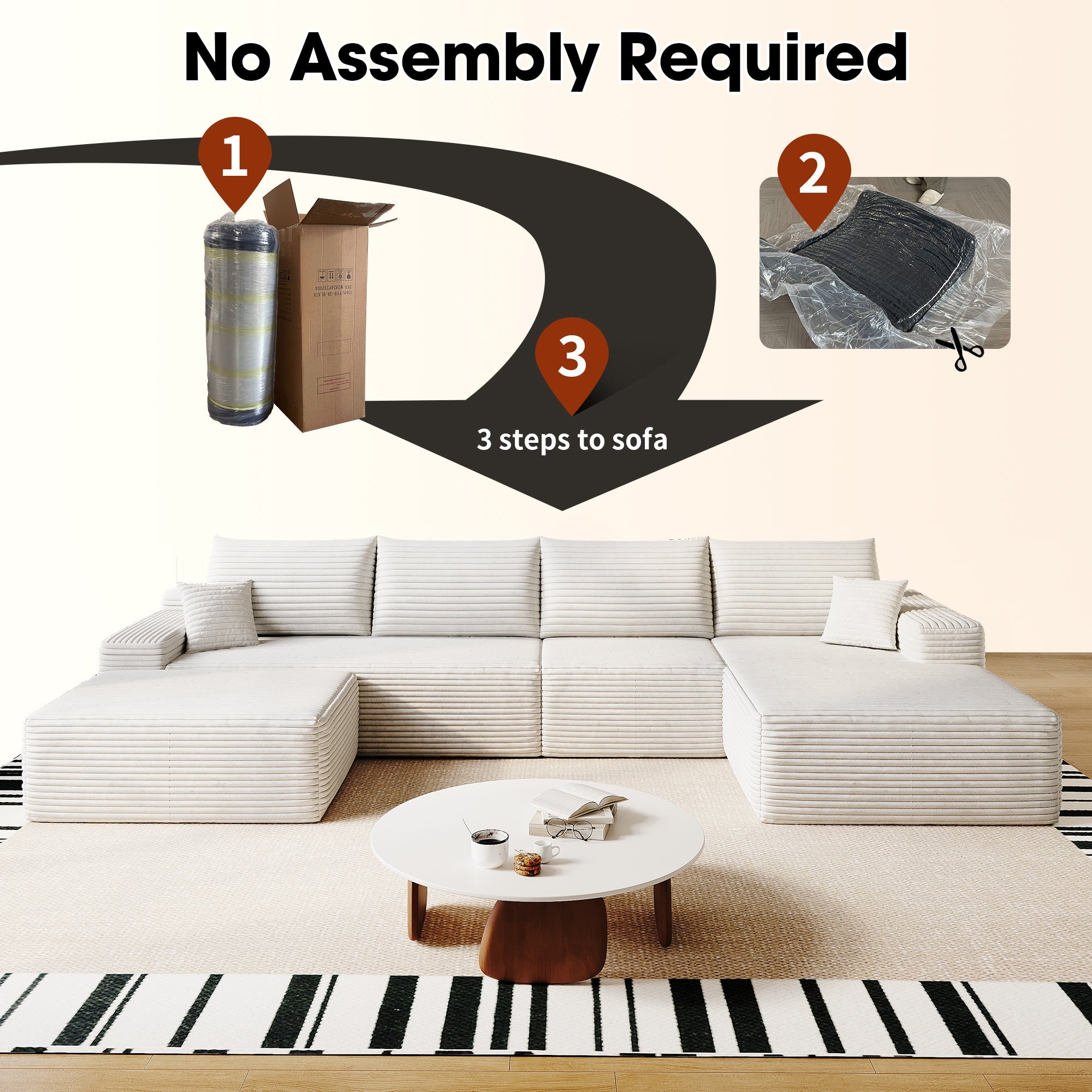 135' Cloud Sectional Sofa with 1 Ottoman,Modern Minimalist Upholstered Couches, Comfort U Shaped Sofa for Living Room,Deep Seat Corner Couch,No Assembly Required (Plush Corduroy Fabric),White