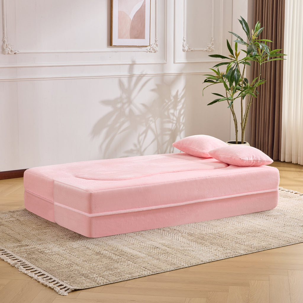 71-inch folding sofa bed, chenille futon sofa bed, high-density foam convertible sofa bed, folding floor sofa bed for living room, guest room, bedroom, pink