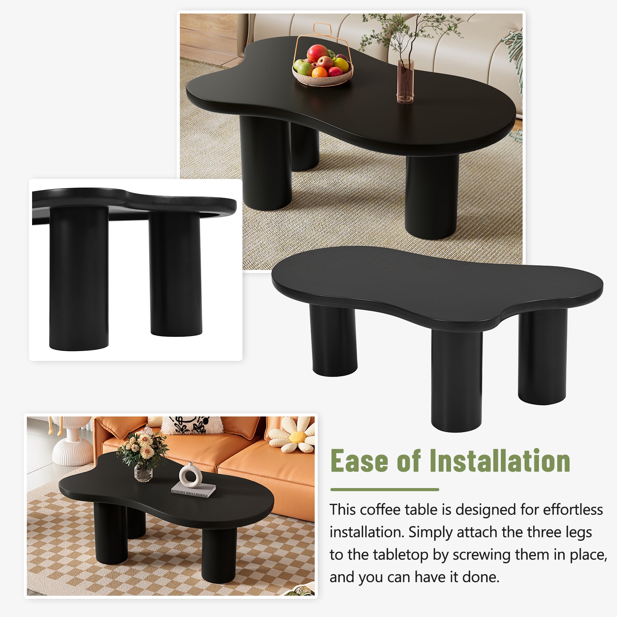 ON-TREND 44'' x 25.9'' Easy Assembly Cloud Coffee Table with 1.5'' Thick Tabletop, Cream Style Irregular End Table with 3 Sturdy Legs, Sleek Center Table with Round Edge for Living Room, Black