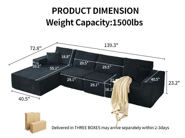 139.3' Modular Sectional Sofa,Boneless Couch, No Assembly,Cloud couch with Ottoman & 2 Pillows, Perfect for Living Rooms and Bedrooms