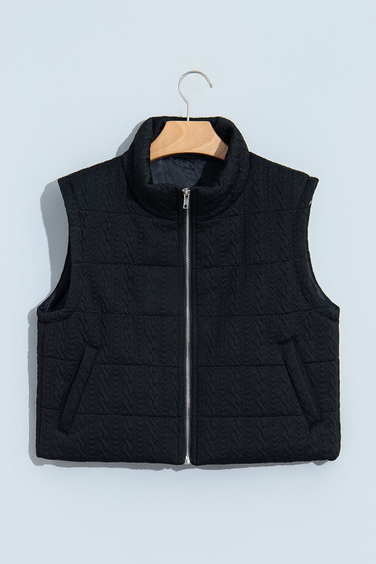 Solid Textured Stand Collar Zip Up Puffer Vest