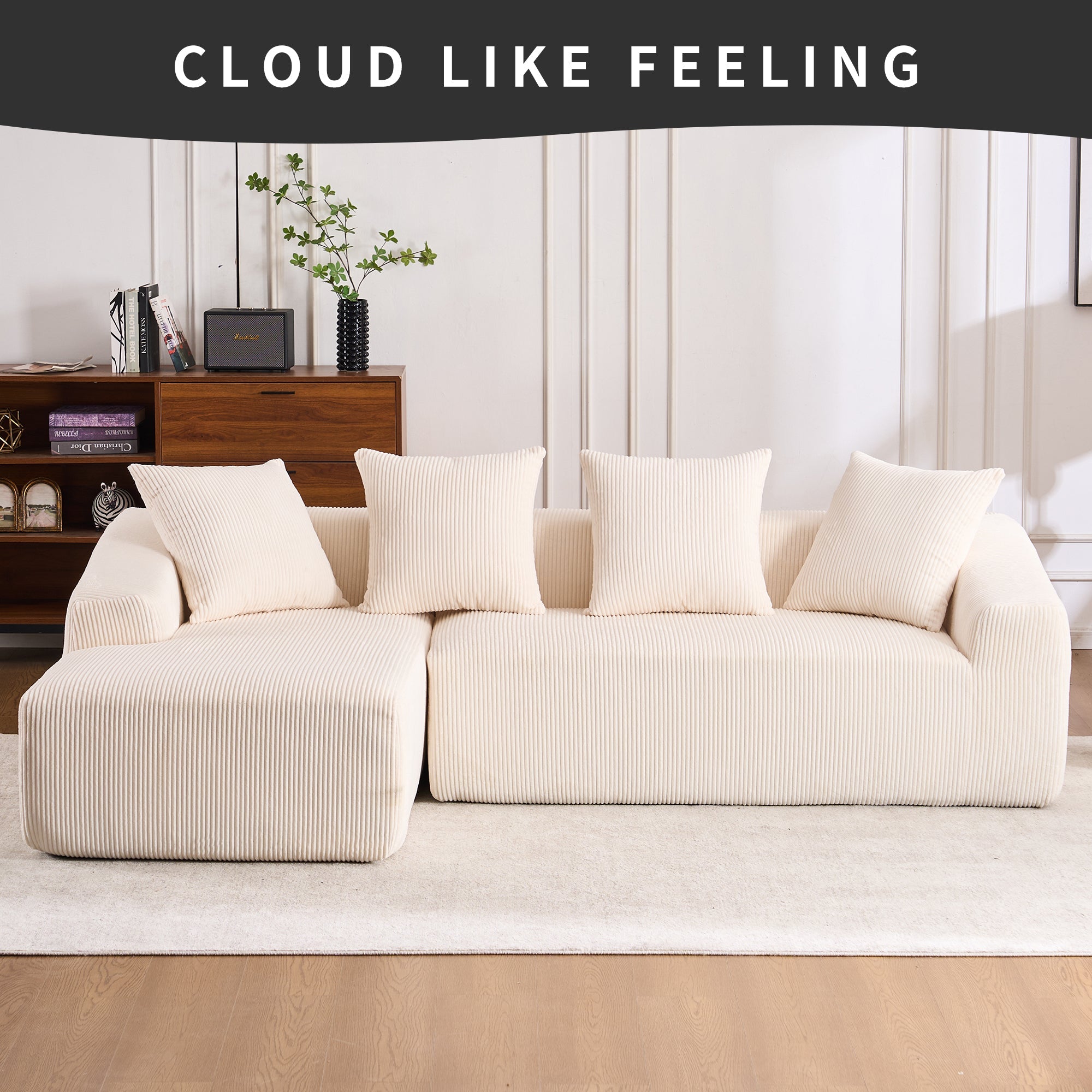 LY-023 WHITE COMPRESSION SOFA: Combining chaise longue with 3-seater, Corduroy Fabric, full sponge compression sofa,combined sofa with 4 pillows for living/ Home Furniture/ Apartment