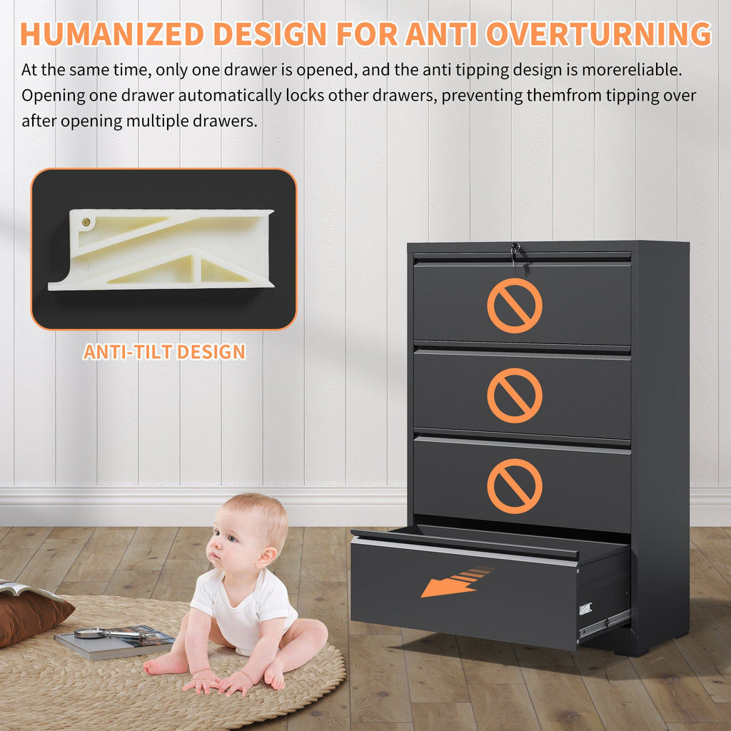 Modern Black 4-Drawer Lateral File Cabinet with Lock, Metal Filing Cabinet for Legal/Letter/A4/F4