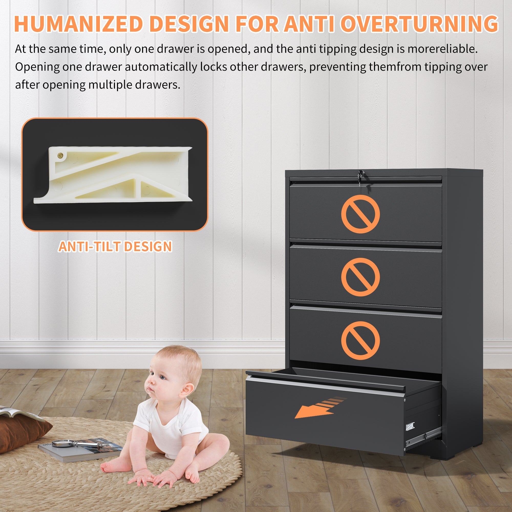 Modern Black 4-Drawer Lateral File Cabinet with Lock, Metal Filing Cabinet for Legal/Letter/A4/F4