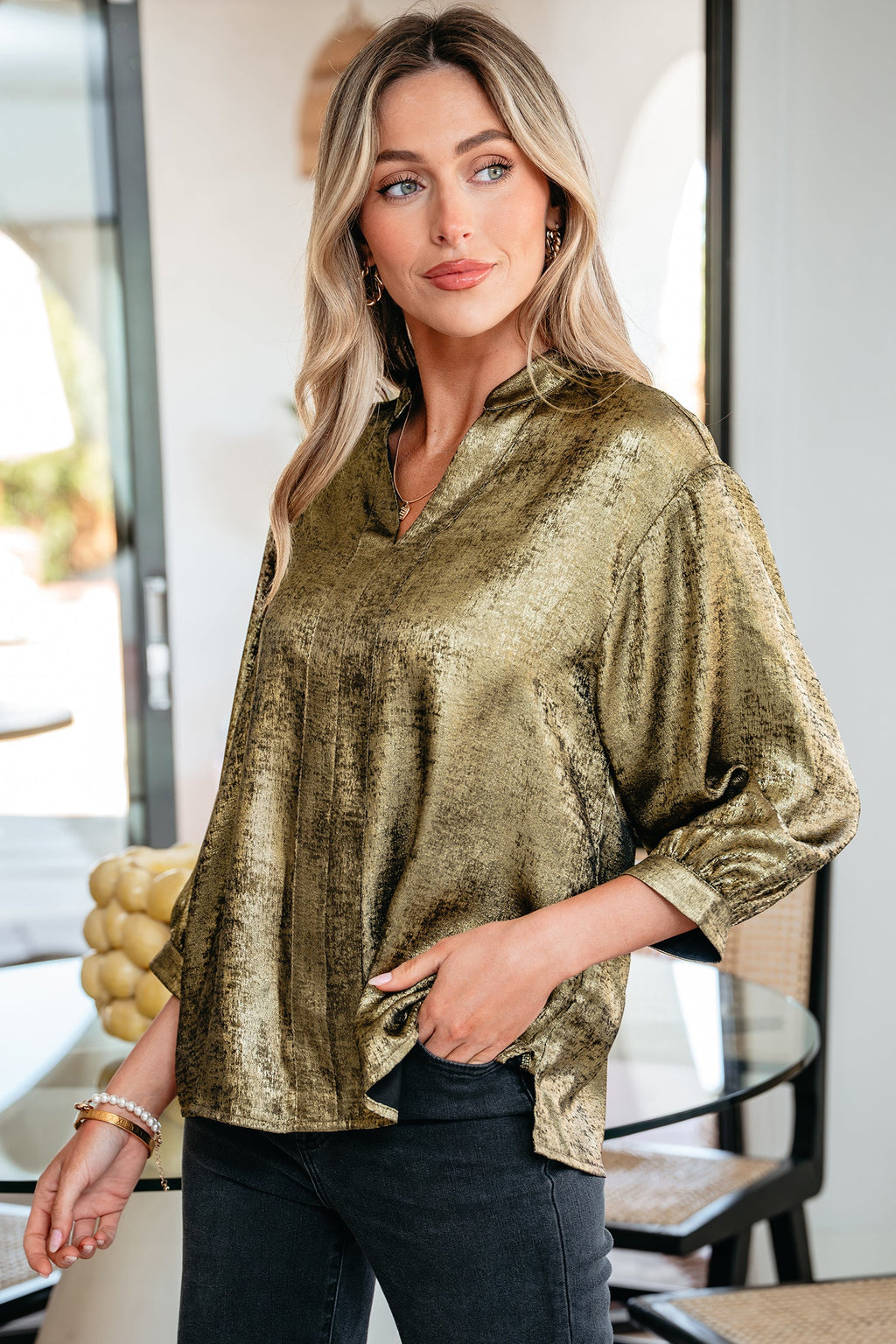 Metallic Split Neck 3/4 Sleeve Blouse