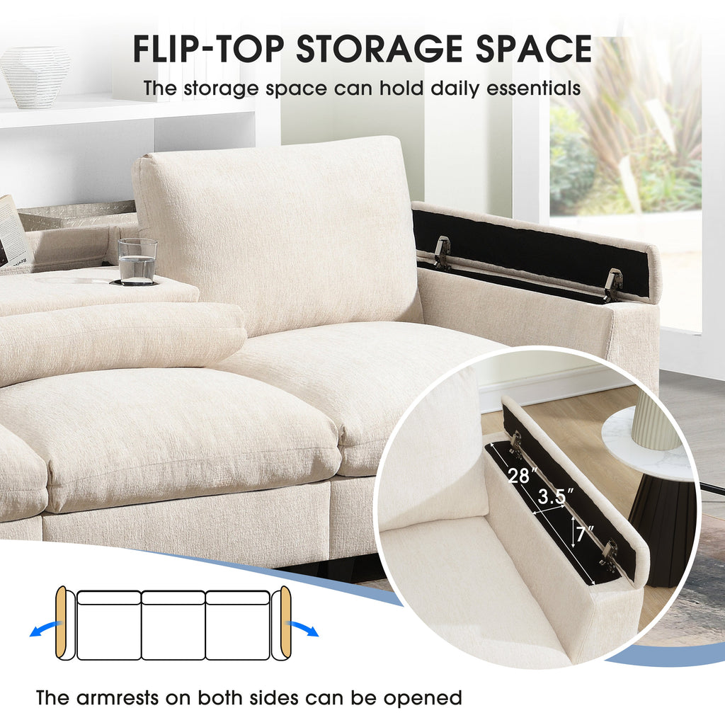 Chenille Sectional Sofa with Bluetooth Speaker, Comfy Cloud Couch Set with Drop Down Table, Cup Holders, USB Charger, Storage Armrest, Wide Seat, 96*35''