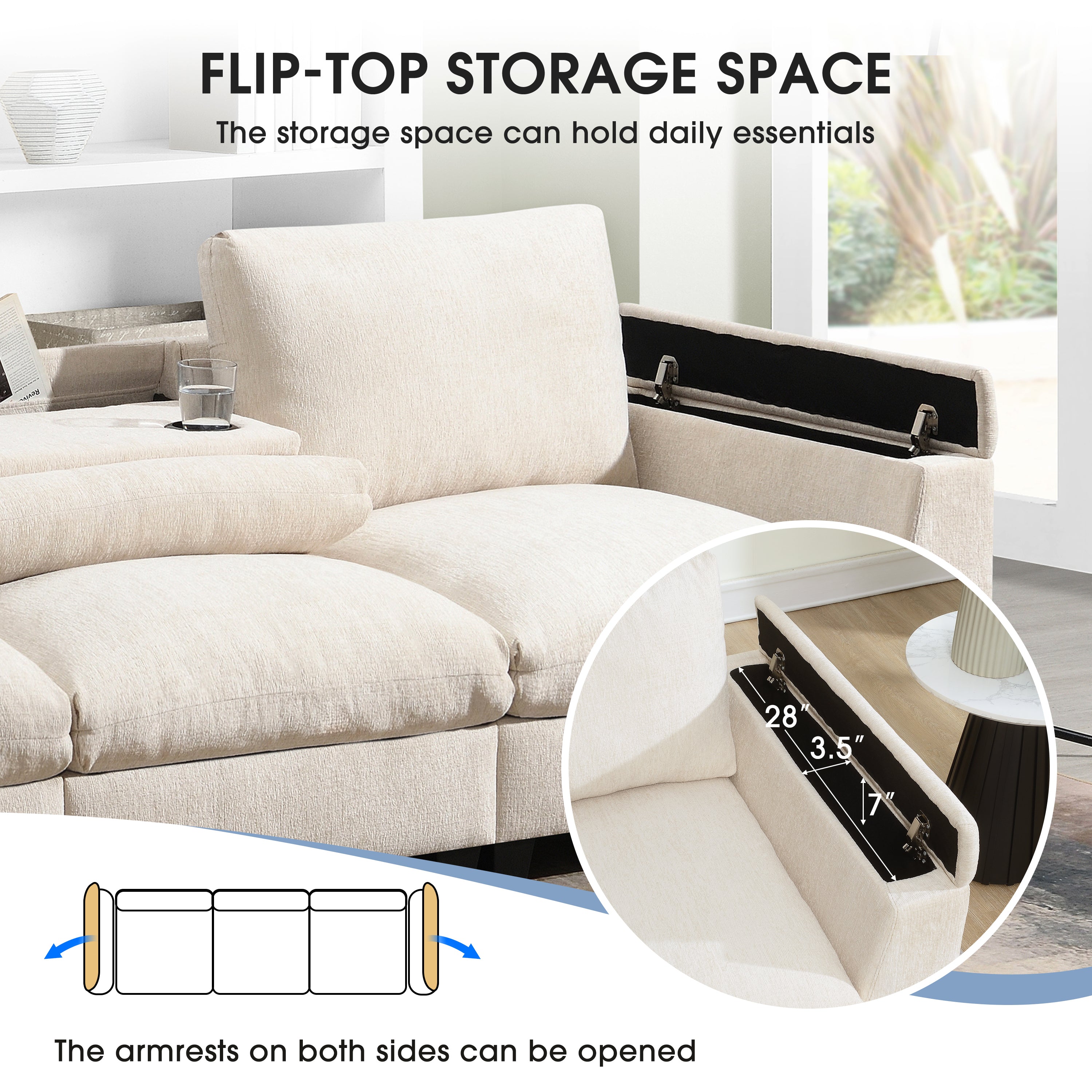 Chenille Sectional Sofa with Bluetooth Speaker, Comfy Cloud Couch Set with Drop Down Table, Cup Holders, USB Charger, Storage Armrest, Wide Seat, 96*35''