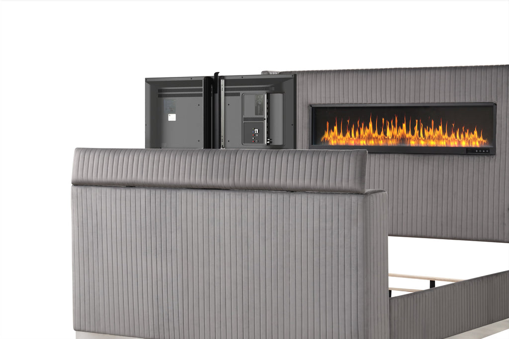 Lavish Modern Style 5 Pc King Bedroom Set Made with Fireplace in Headboard & TV stand in Footboard with Wood in Grey(NJ INVENTORY)