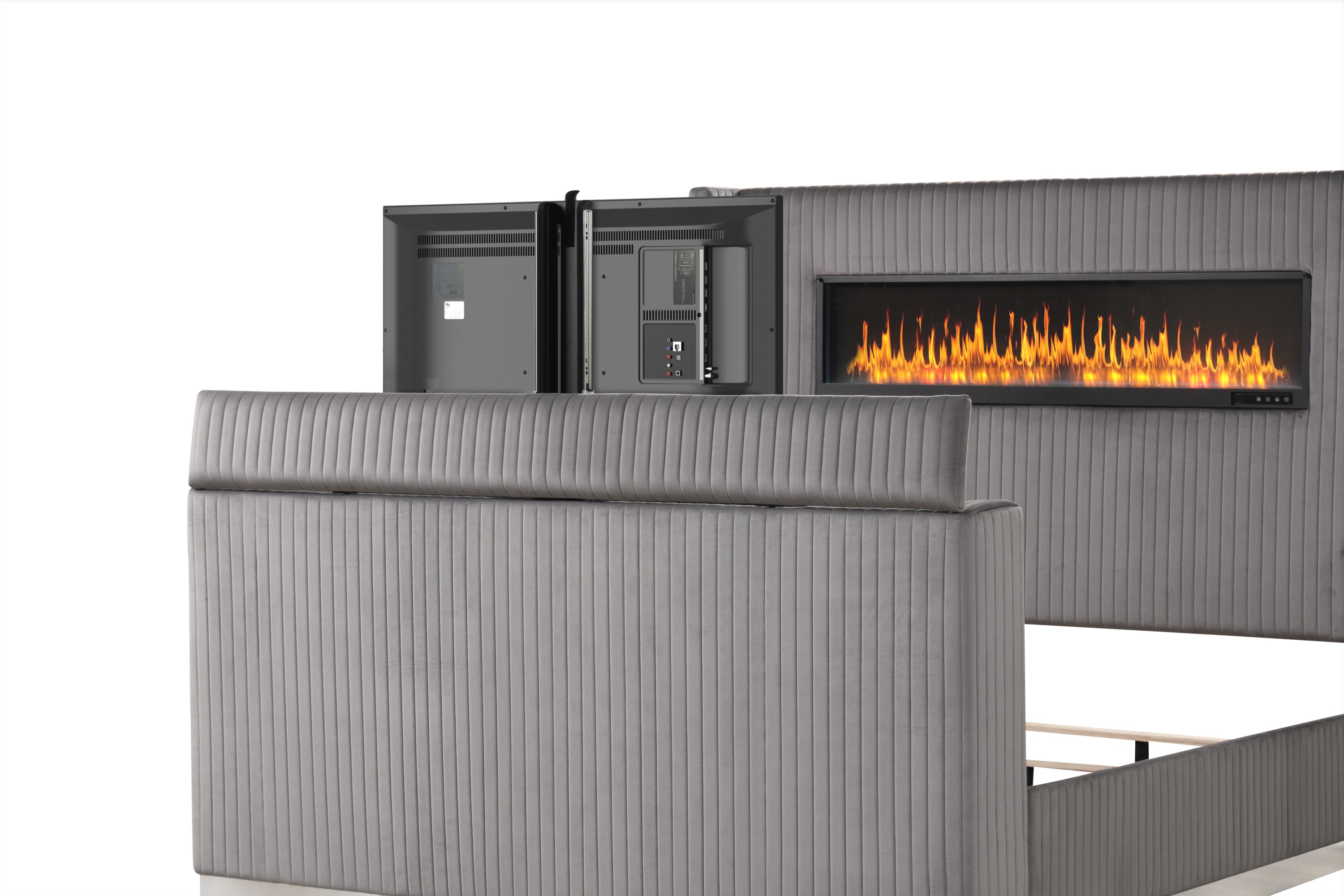 Lavish Modern Style 5 Pc King Bedroom Set Made with Fireplace in Headboard & TV stand in Footboard with Wood in Grey(NJ INVENTORY)