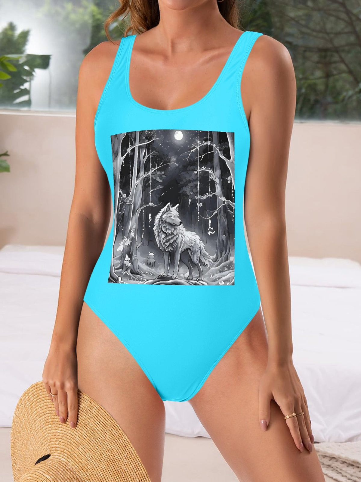 Ethereal Wolf in the Moonlight One-piece Swimsuit Bikini (Front Printing)