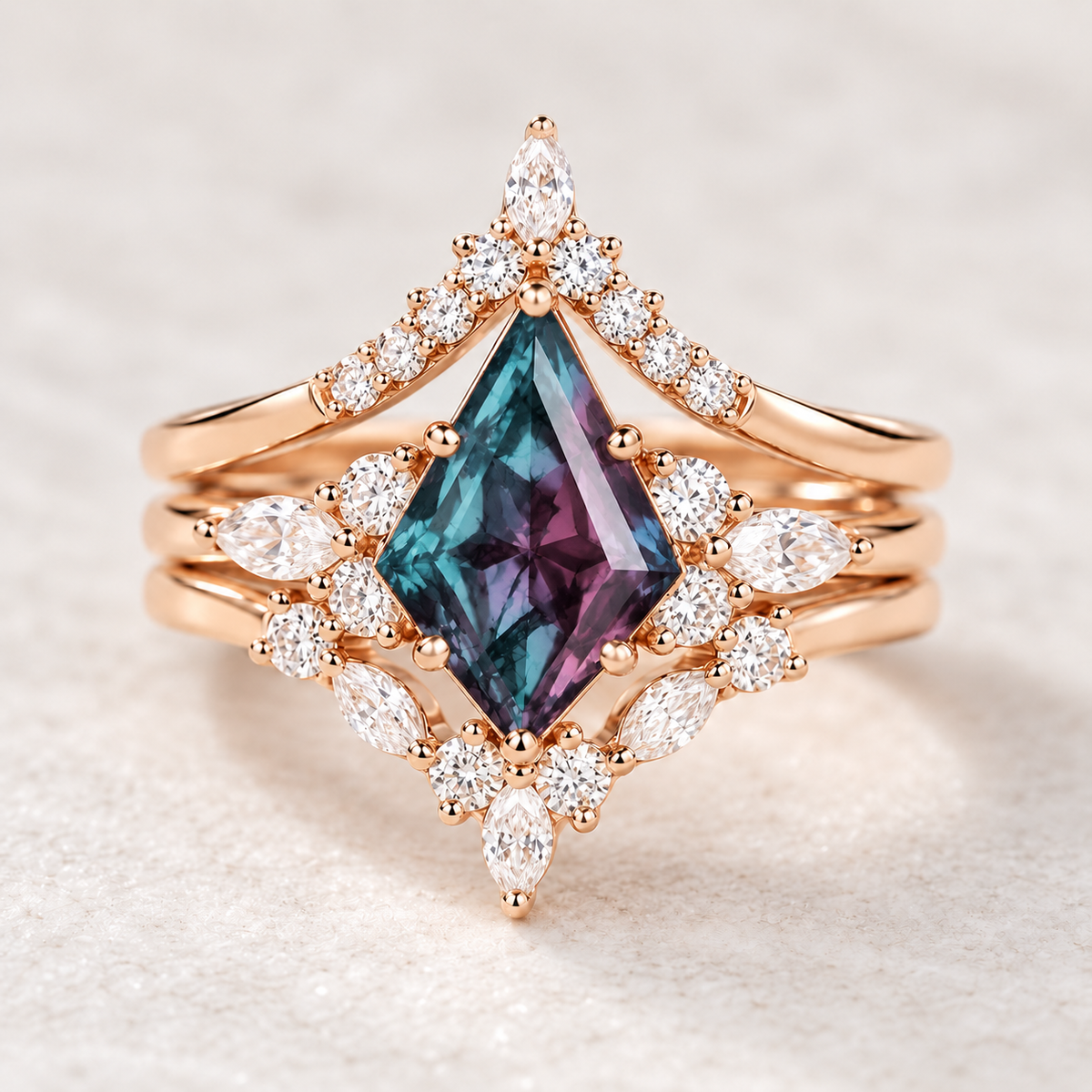 Lab-grown Alexandrite and lab-grown diamond celestial bridal stack mockup