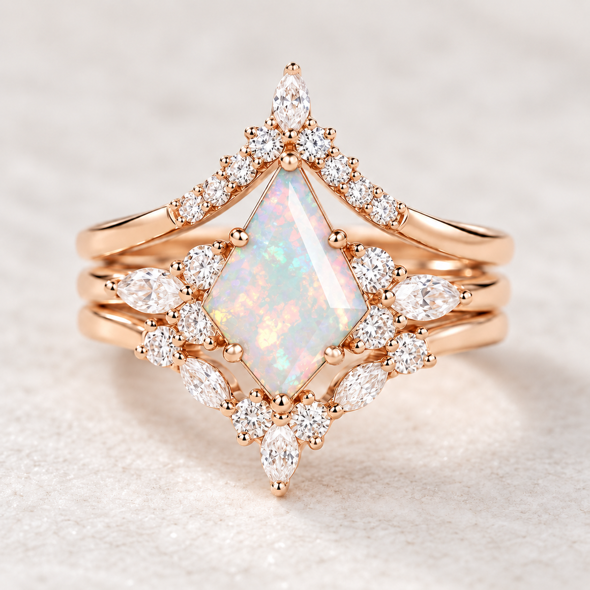 Opal and lab-grown diamond celestial bridal stack mockup