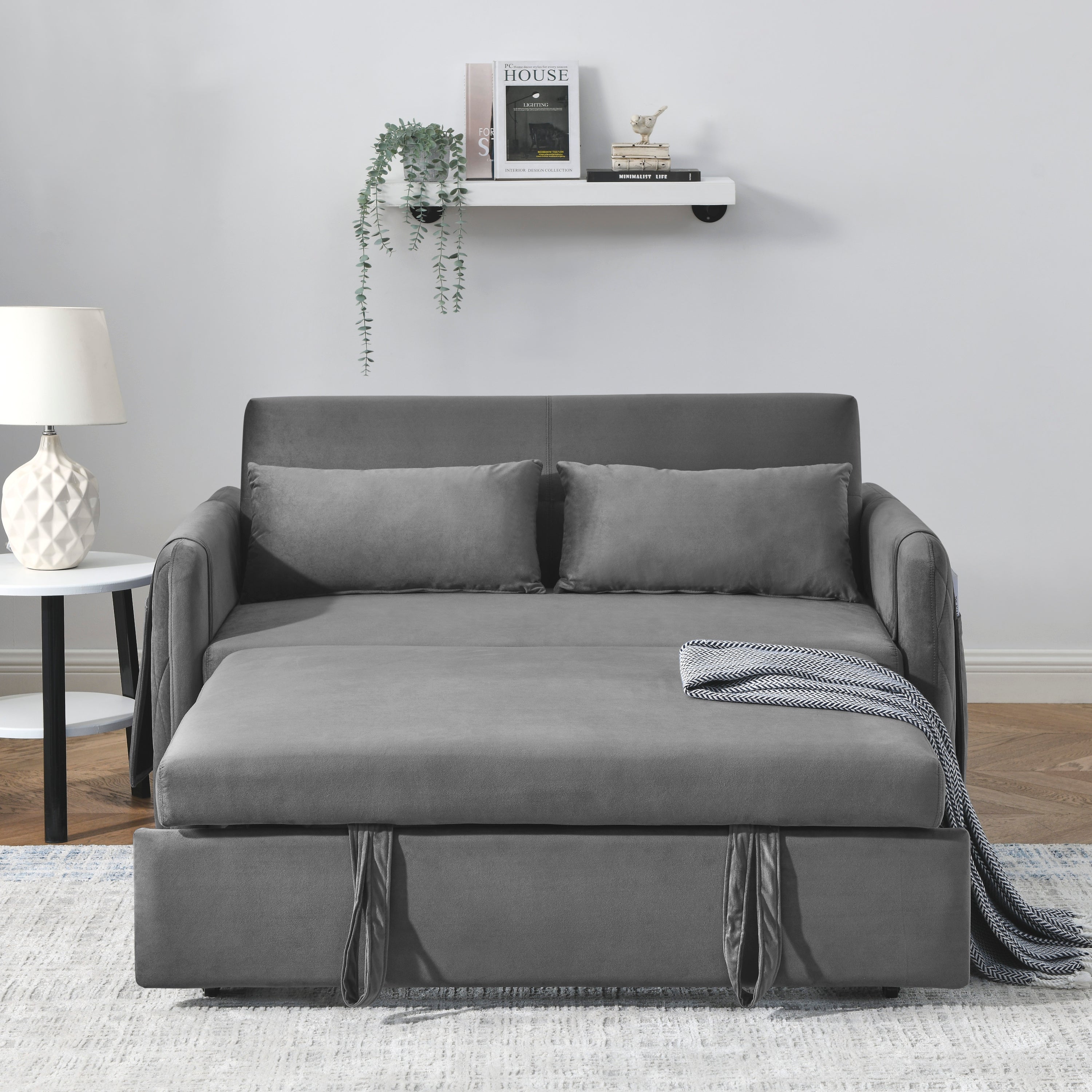 55' Modern Convertible Sofa Bed with 2 Detachable Arm Pockets, Velvet Loveseat Sofa with Pull Out Bed, 2 Pillows and Living Room Adjustable Backrest, Grid Design Armrests