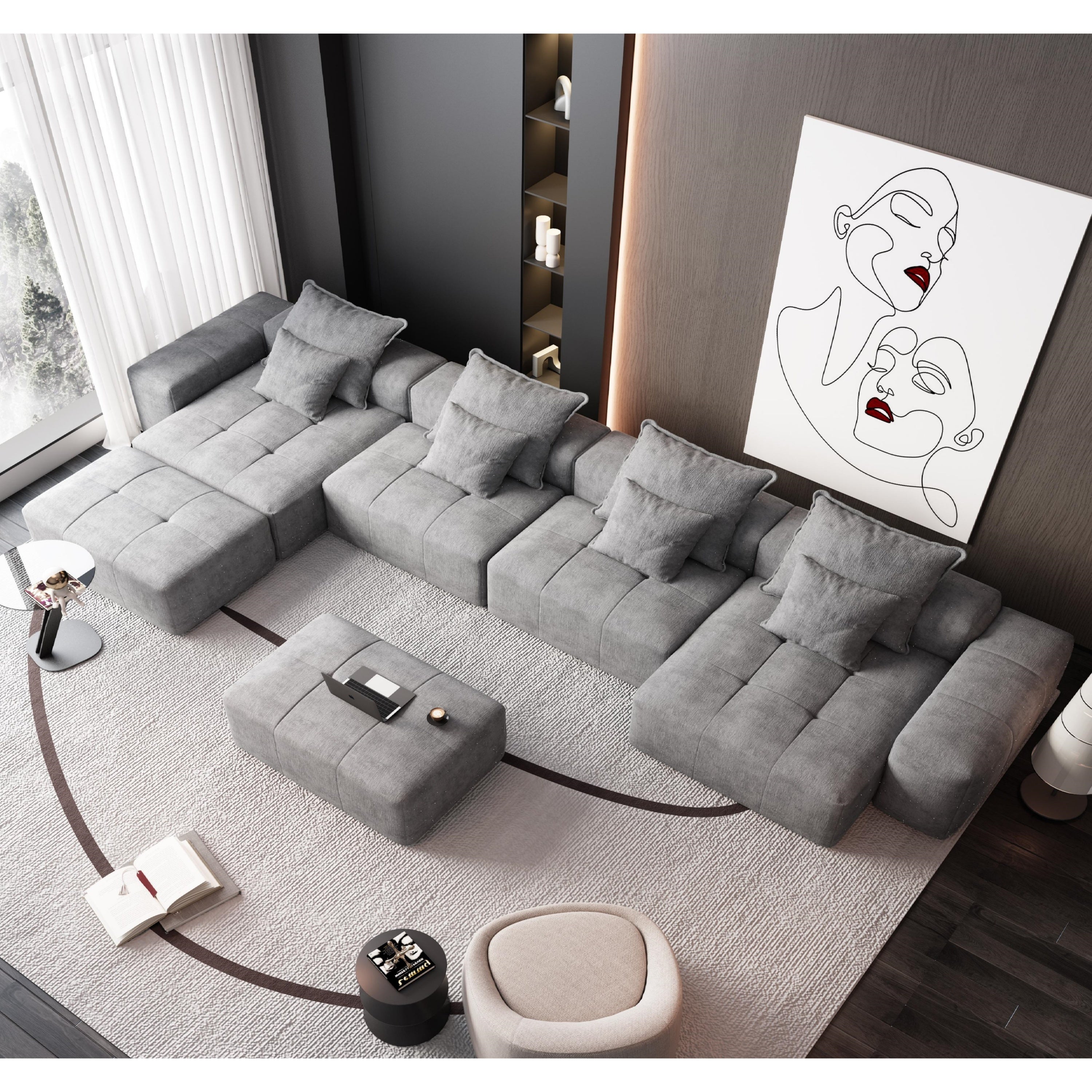 Modern Oversized Modular Sectional Sofa, Sparkling Chenille Fabric Soft Cushion Sofa with 8 Pillows, 8 PCS DIY Combination Tufted Sofa, No Assembly Required, GREY