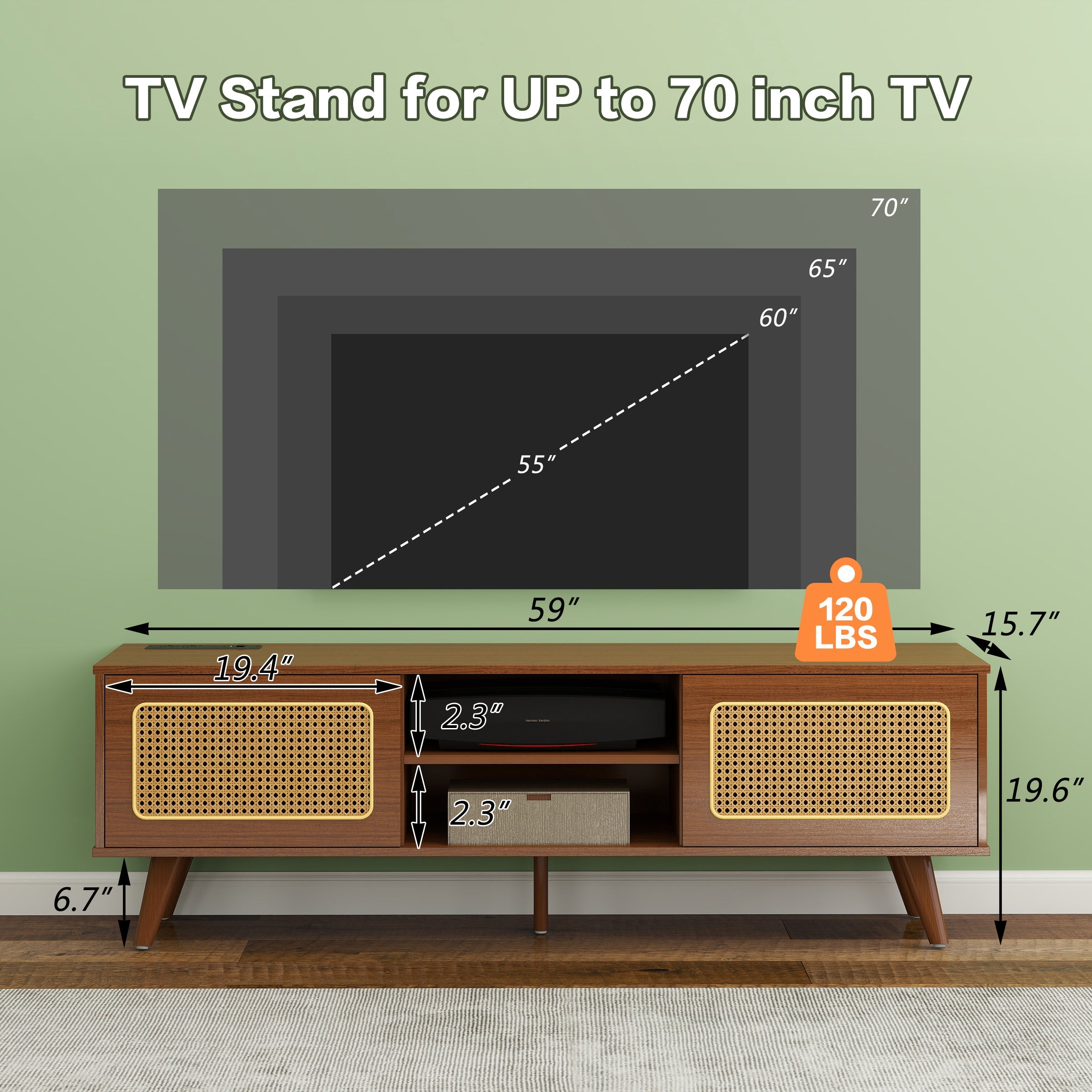 Mid Century Modern Rattan TV Stand for 55/60/65 inch TV , Entertainment Cabinet, Media Console for Living Room Bedroom Media Room, Solid Wood Feet & Rattan Cabinet Doors  (Walnut, 59')