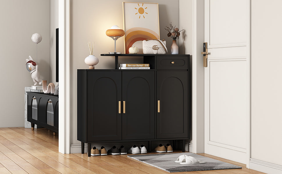 ON-TREND Elegant Shoe Cabinet with Arched Doors and Drawer, Cream Style Storage Sideboard with Adjustable Shelves and Solid Wood Legs for Entryway, Living Room, Black